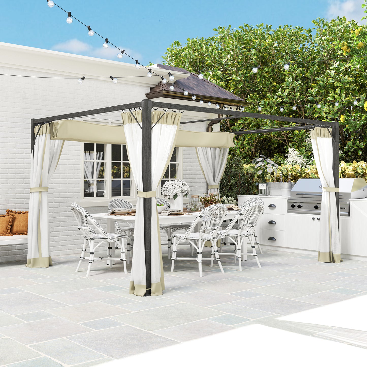 Outsunny 3x4m Aluminium Frame Pergola With Retractable Roof In Khaki Outdoor Garden Shade