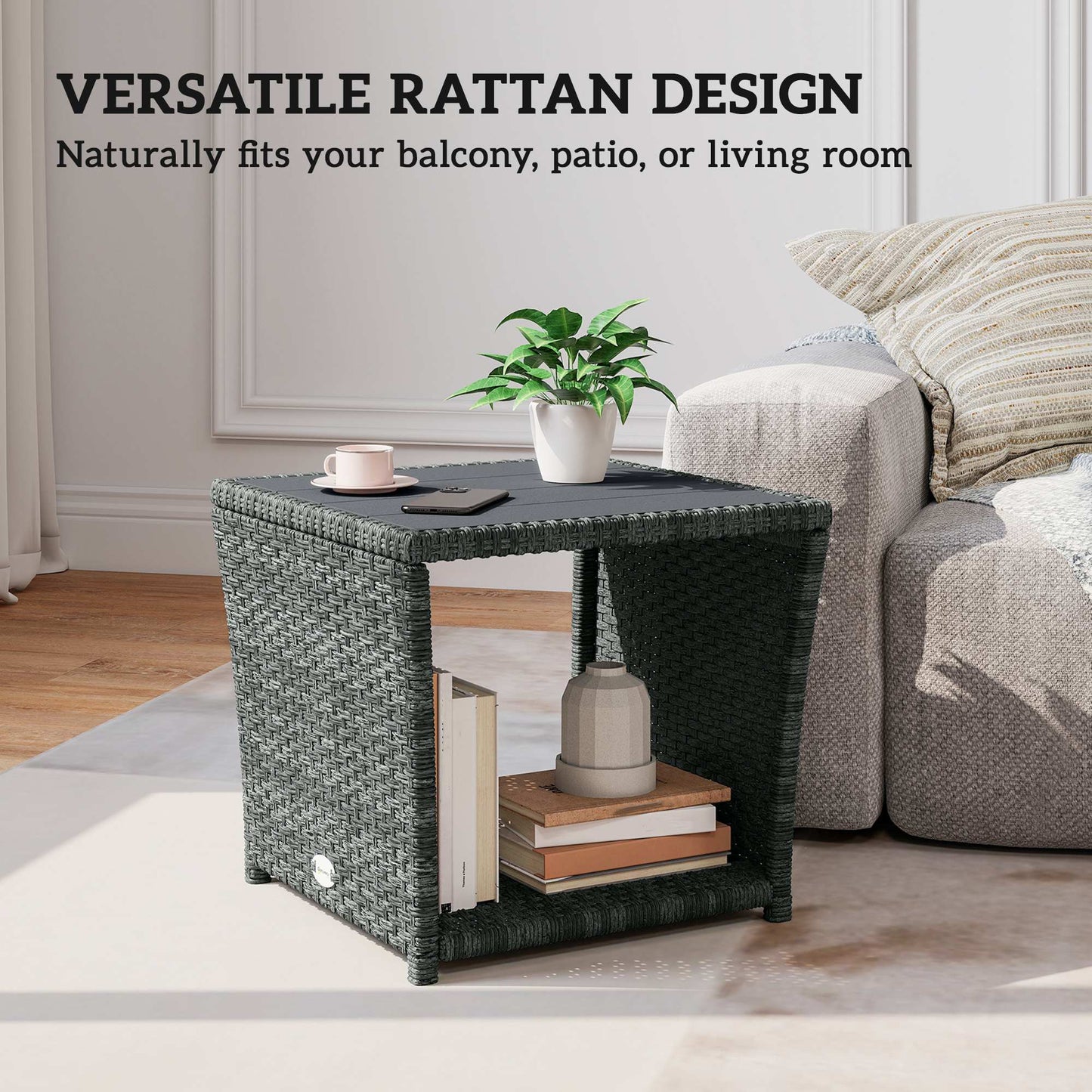 Outsunny 2 Tier Outdoor Side Table With Storage Shelf PS Wood Slat Top Grey Patio Coffee Table