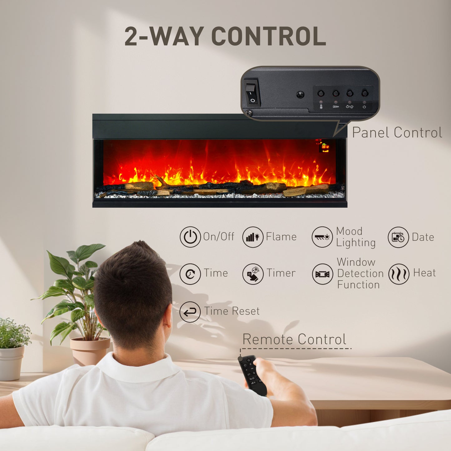 HOMCOM 60-Inch Wall-Mounted Electric Fireplace with Adjustable LED Flames, Remote Control & Multi-Functional Design - Black