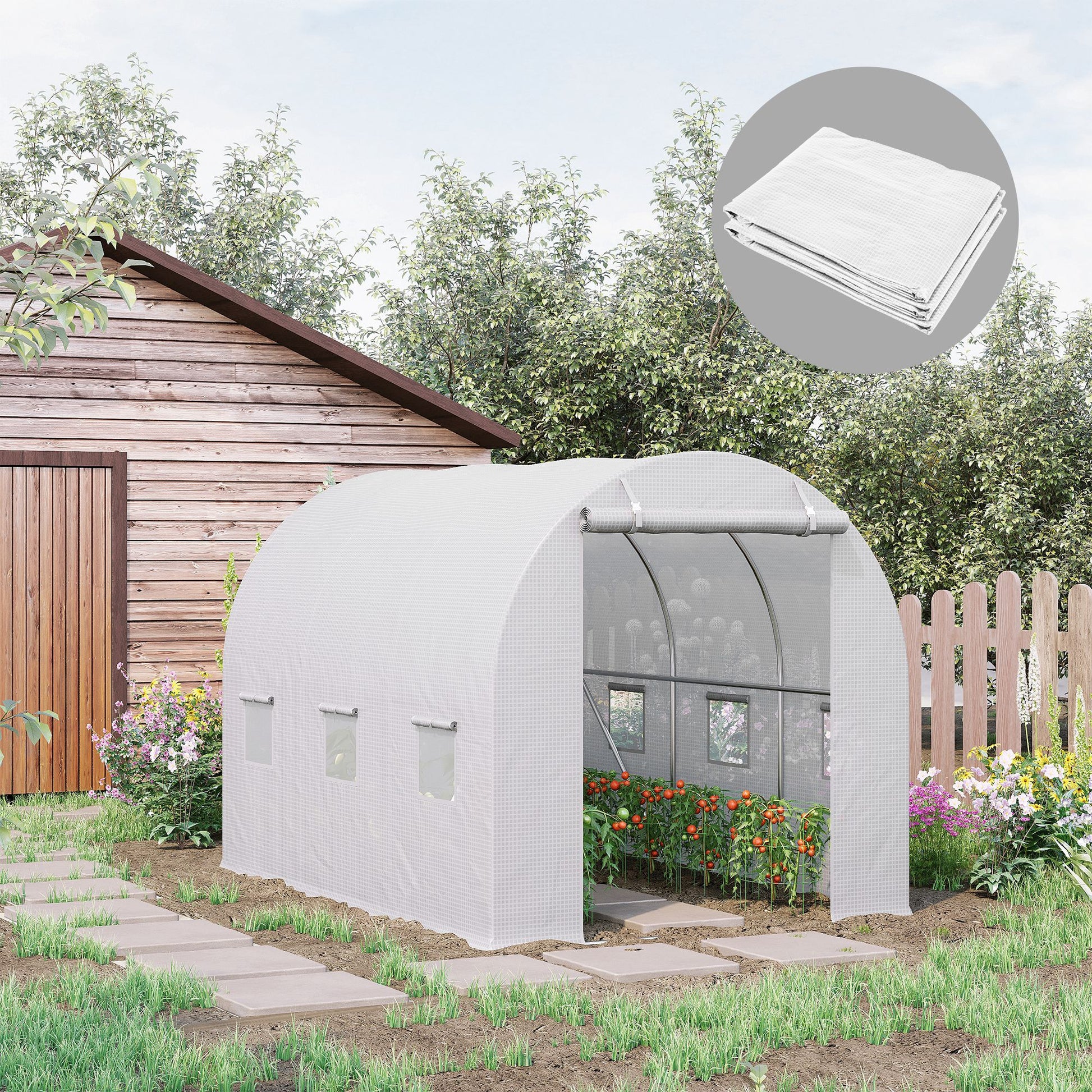 Outsunny 3x2x2m Greenhouse Replacement Walk-in PE Hot House Cover with 6 Windows, Roll-Up Zipper Door White - ALL4U RETAILER LTD