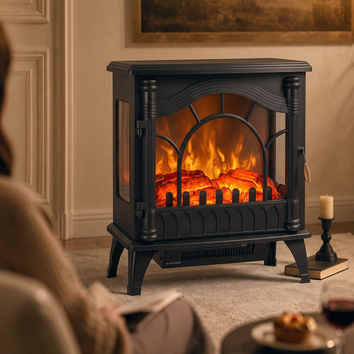 Black 3-sided glass electric fireplace stove heater with flame effect, front angle