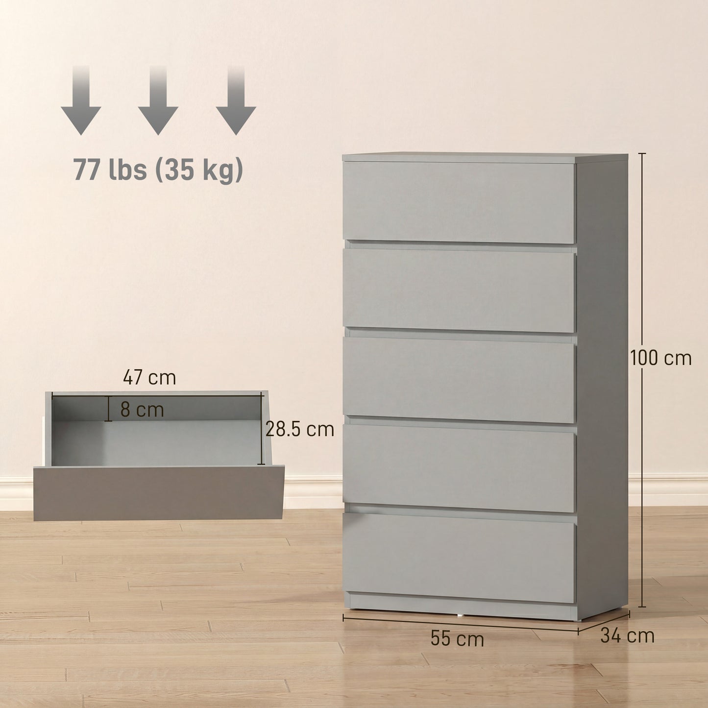 Homcom 5 Drawer Chest Modern Dresser Storage Cabinet for Bedroom Organization Solution