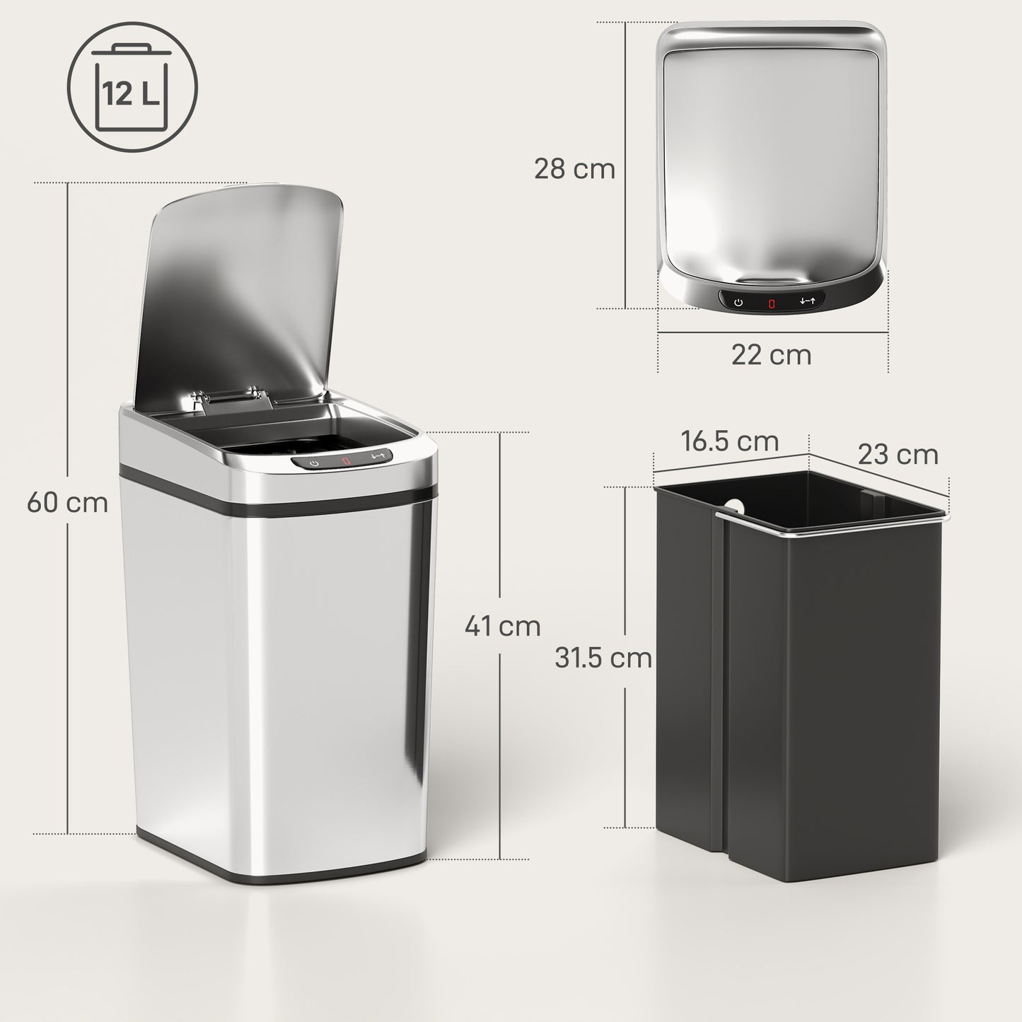 HOMCOM 12L Sensor Bin With Touchless Motion And Manual Button Fingerprint Resistant Stainless Steel Kitchen Bin Silver