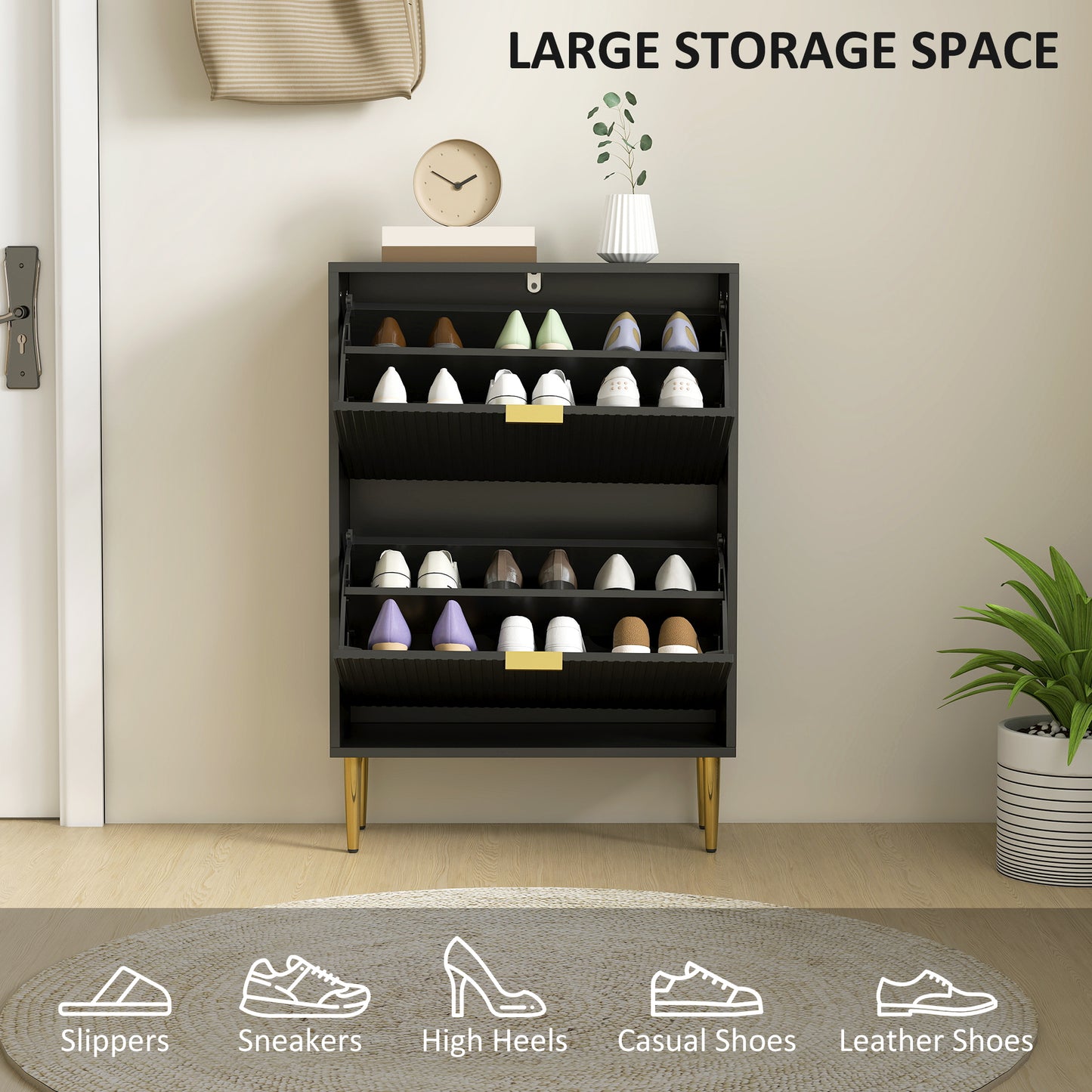 HOMCOM Elegant White Two Drawer Shoe Cabinet With Gold Accents And Adjustable Shelves