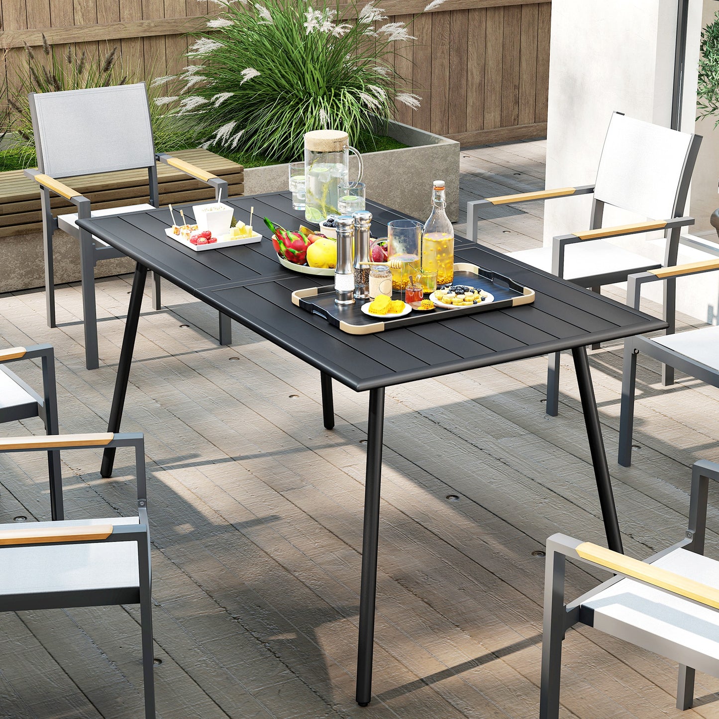Outsunny Rectangle Garden Table With Slat Top And Steel Frame For Outdoor Use Seats 6 150x80x74 cm Black