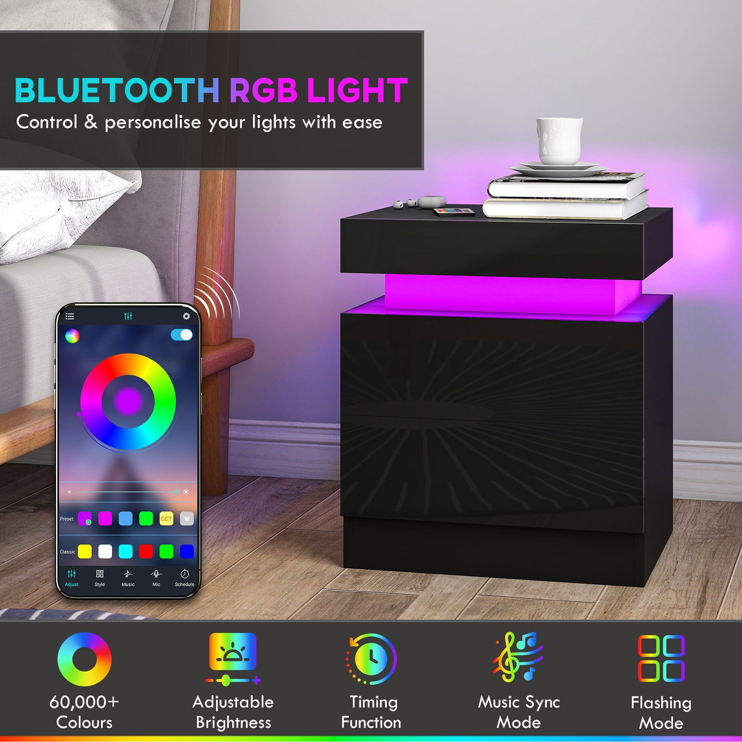 HOMCOM Black LED Bedside Table Set Of 2 With Color Changing Light High Gloss Front Nightstands With Two Drawers