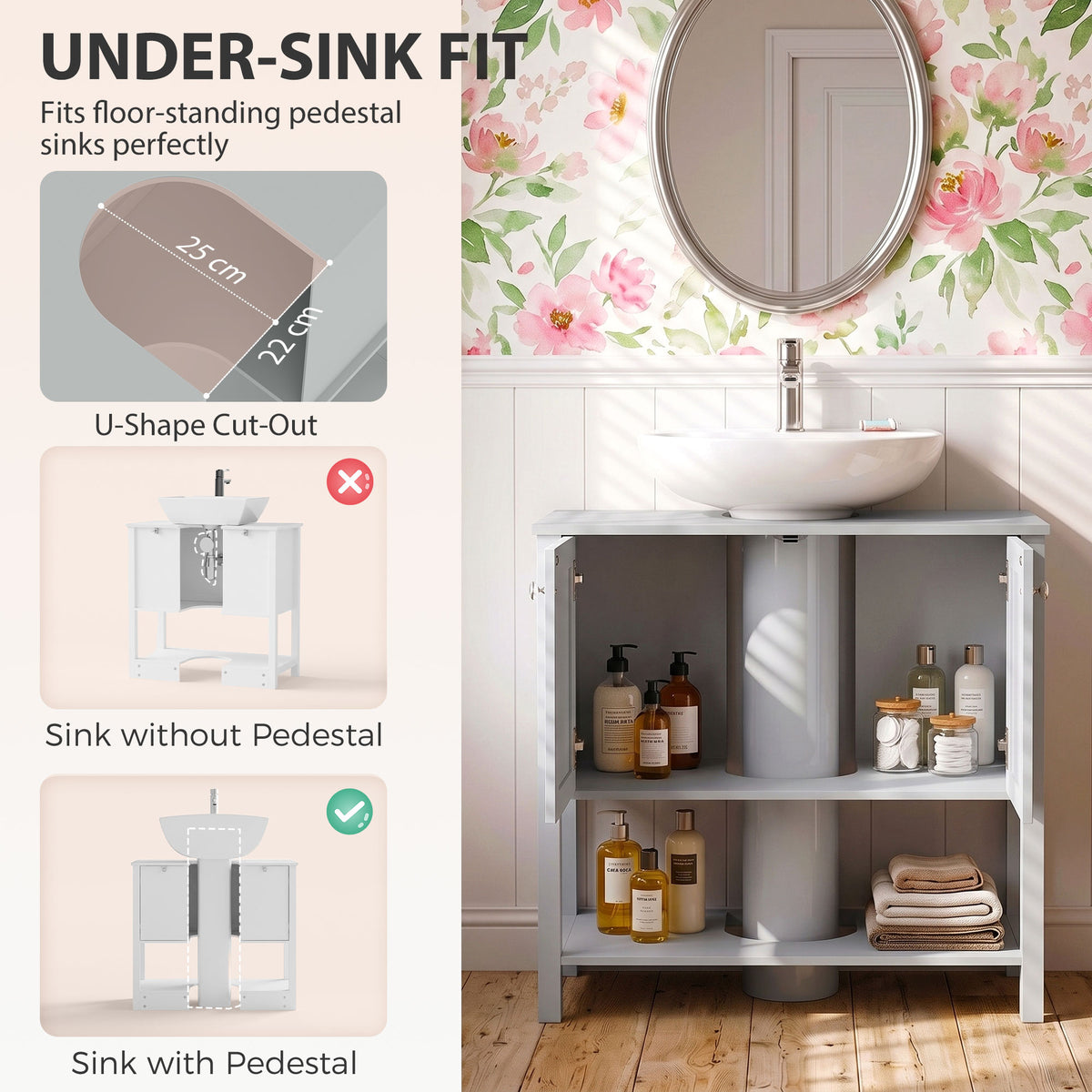 Light blue under-sink cabinet with U-shaped cutout for pedestal sink fit