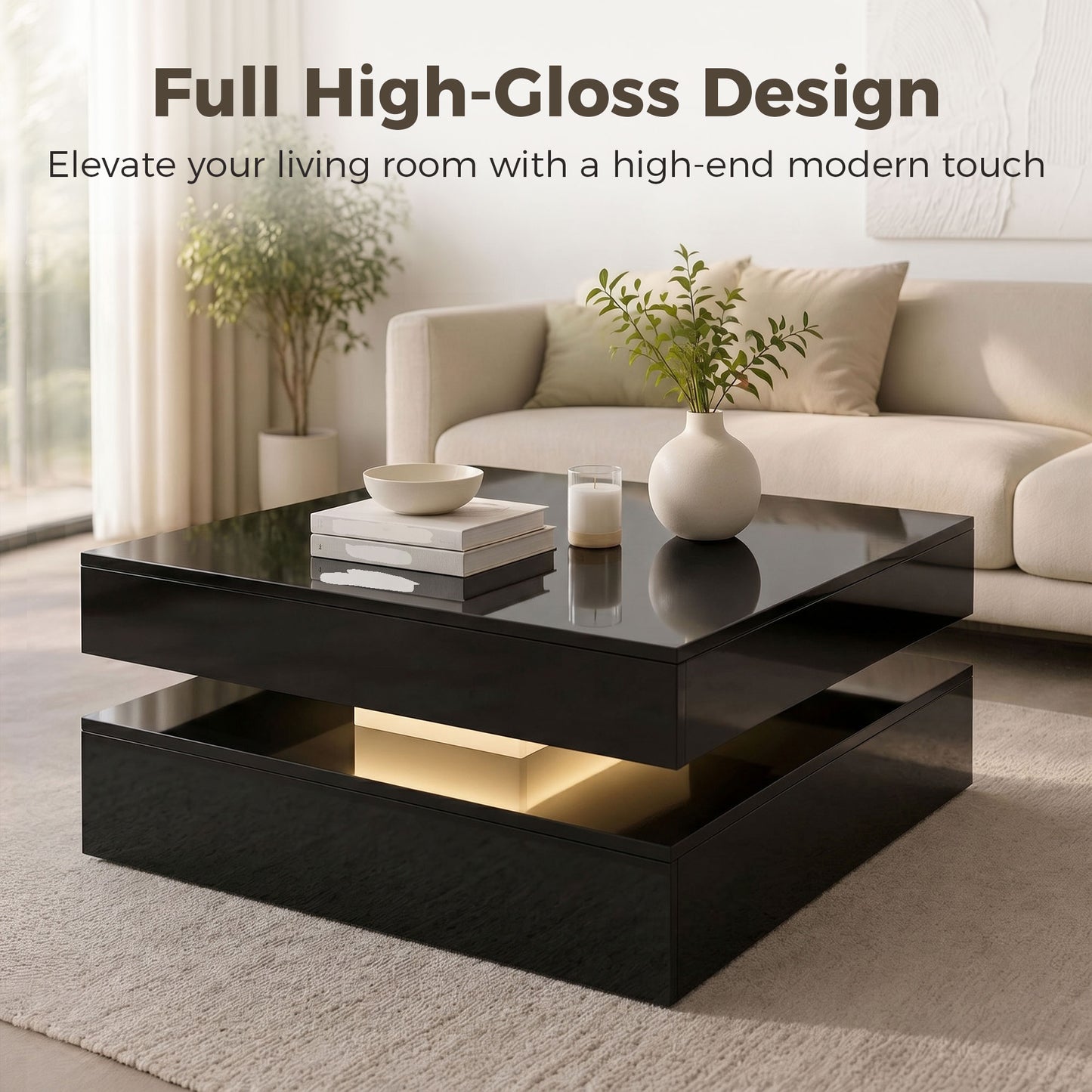 HOMCOM LED Coffee Table with Storage 2 Tier Modern Centre Table Open Shelf RGB LED Remote Lighting High Gloss Black