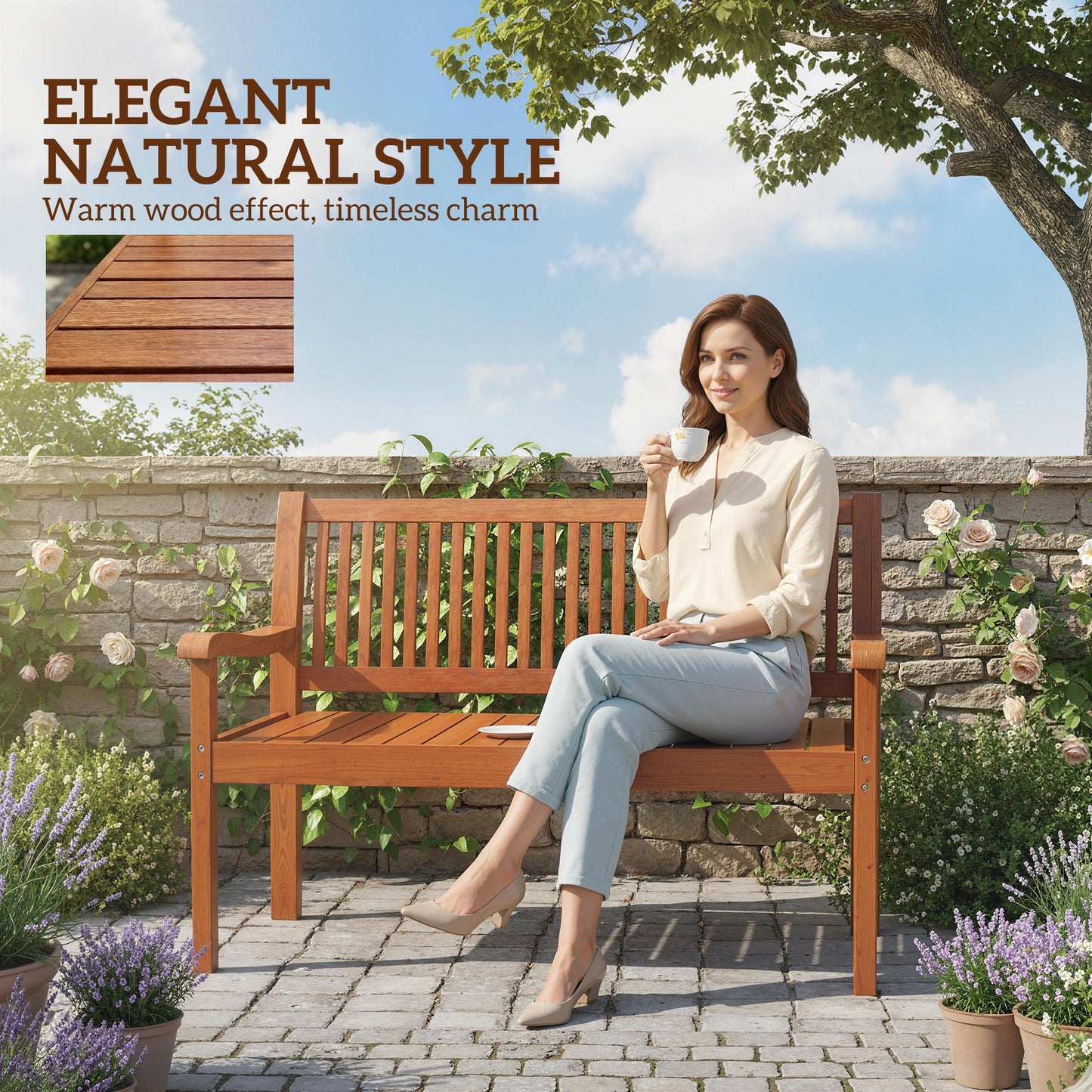 Outsunny 2 Seater Garden Bench, Wooden Outdoor Bench With Waterproof Cover And Ergonomic Backrest Made From Poplar Wood