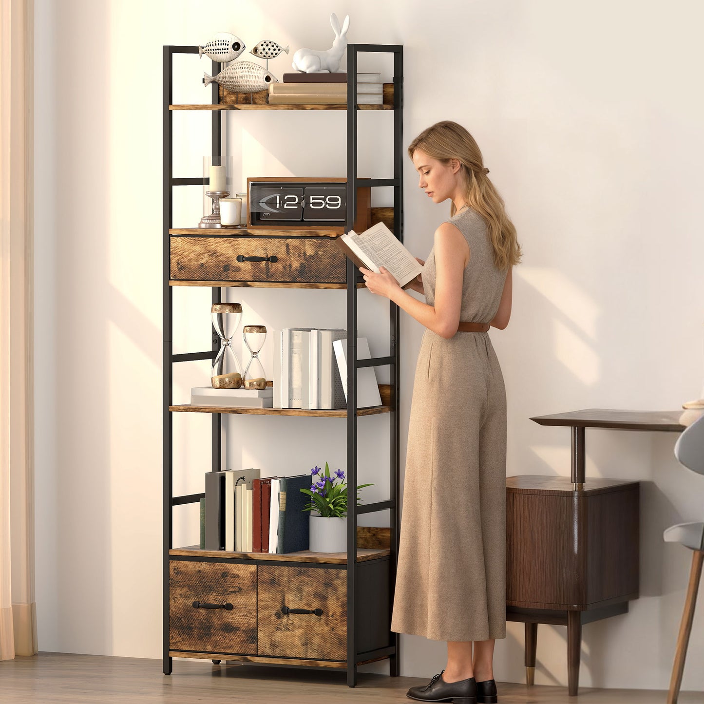 HOMCOM Industrial Style Bookcase With 4 Shelves And 3 Fabric Drawers Brown Black