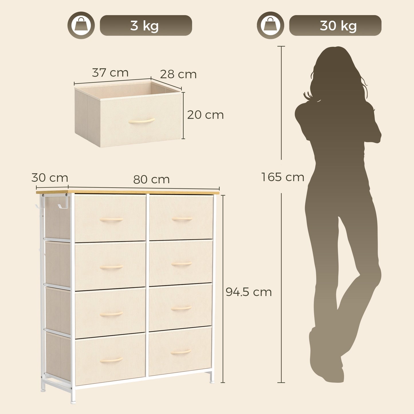 HOMCOM Chest Of Drawers With 8 Fabric Drawers Steel Frame Storage