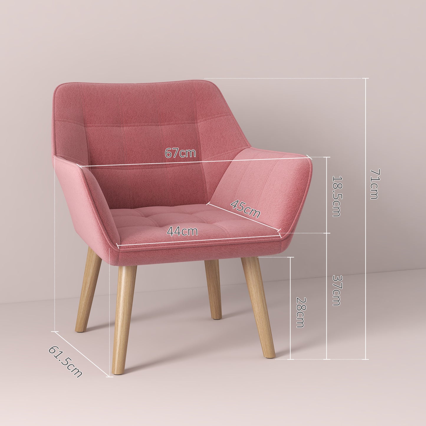 Set Of 2 Accent Arm Chairs With Slanted Back And Thick Padding Rubber Wood Legs In Pink For Living Room