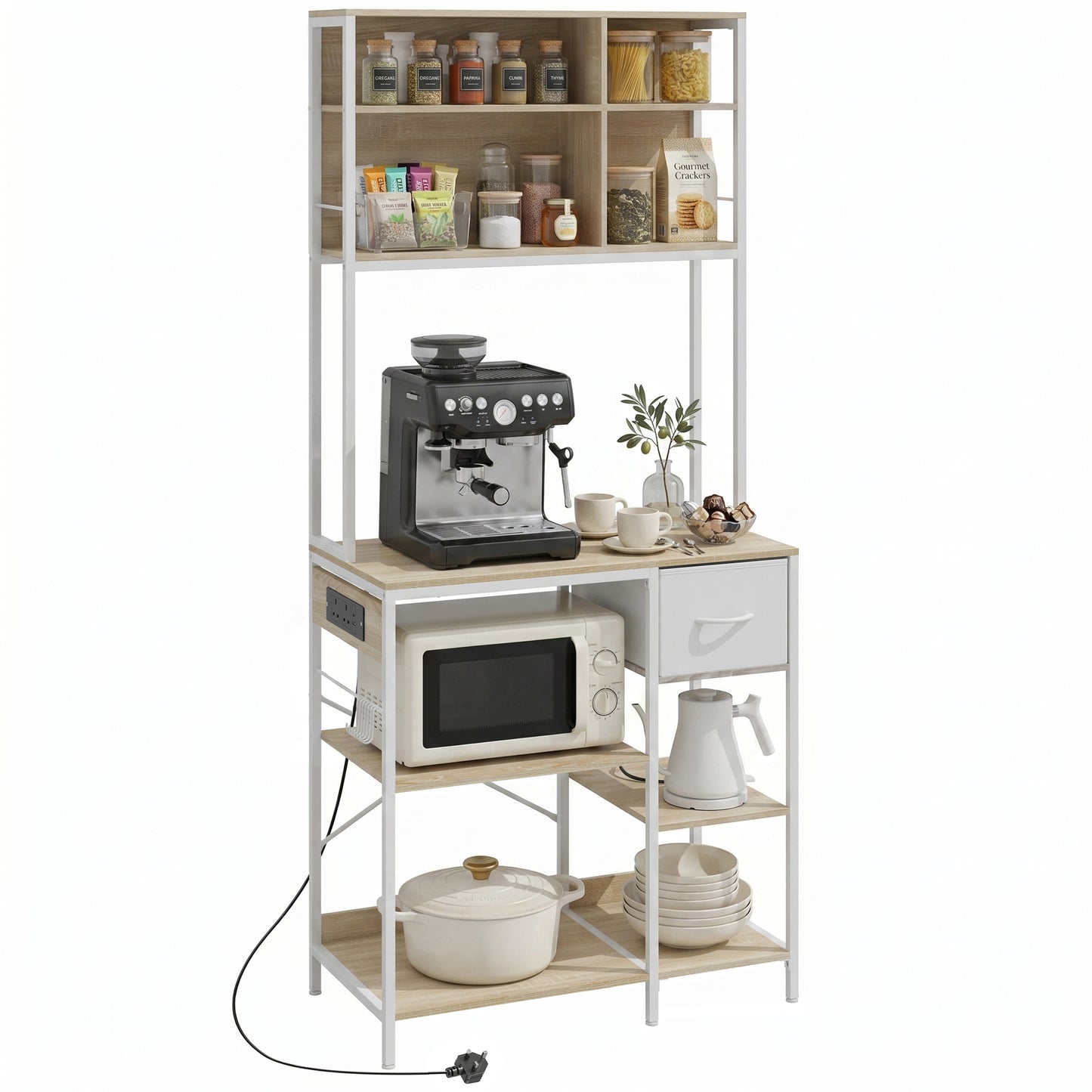 HOMCOM Kitchen Baker's Rack With Microwave Stand And Storage Shelves USB-C Charging Station 6 Hooks For Small Spaces