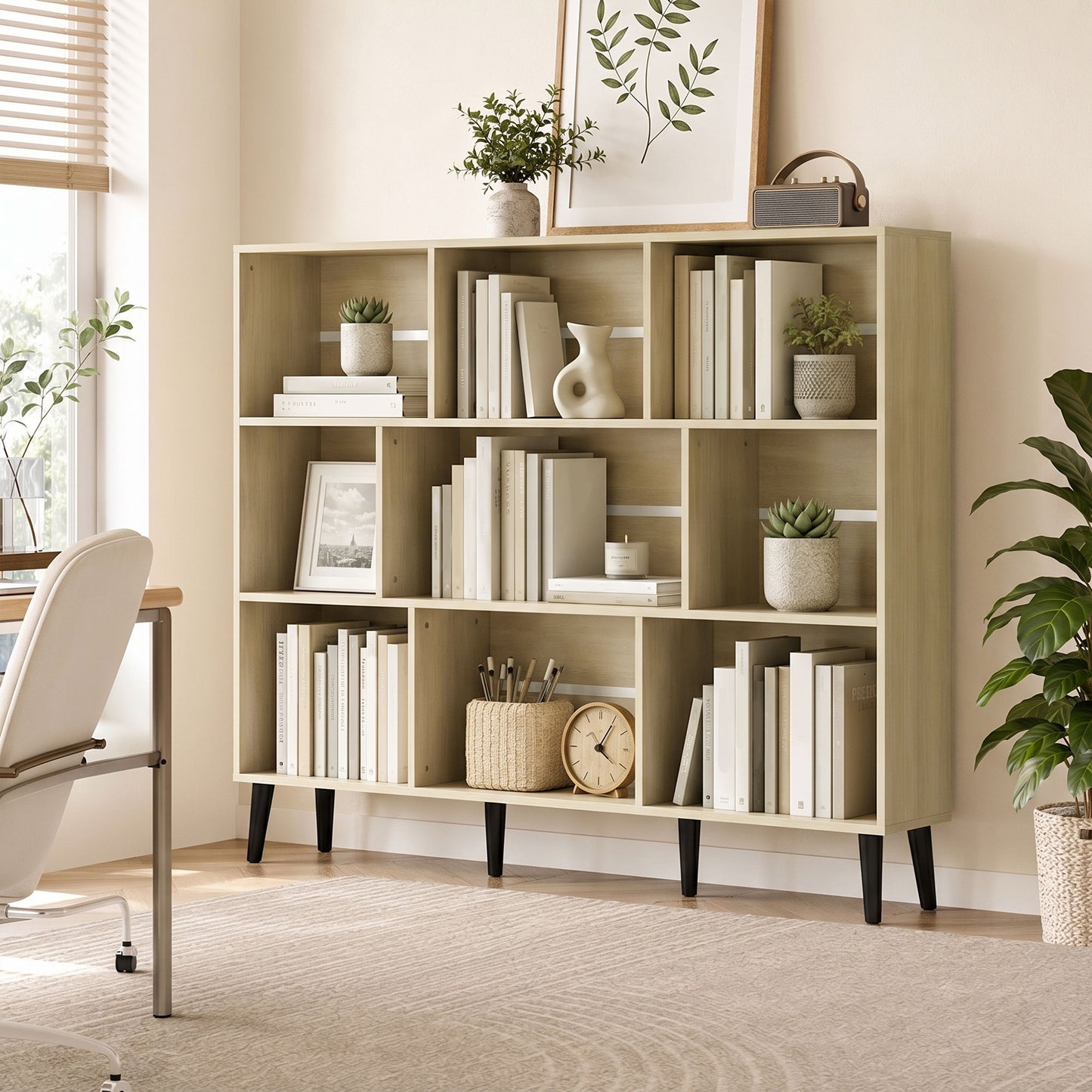 HOMCOM 10 Cube Modern Bookcase With Solid Wood Legs And Anti Tip Kit In Oak