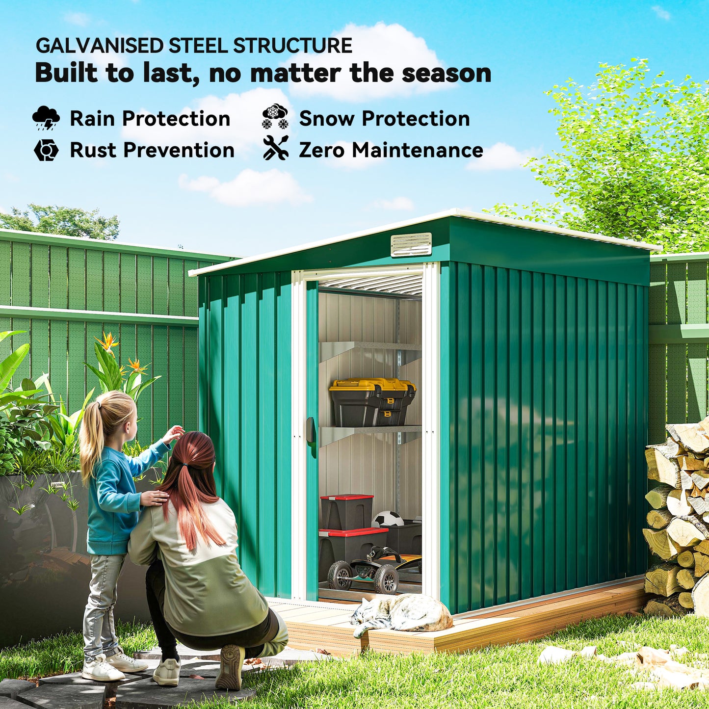 Outsunny 7 X 5ft Galvanised Metal Shed With Sliding Door Green Outdoor Storage For Tools And Bikes