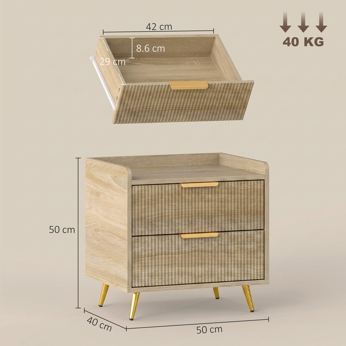 HOMCOM Bedside Table With Two Drawers Metal Legs Natural Wood Finish