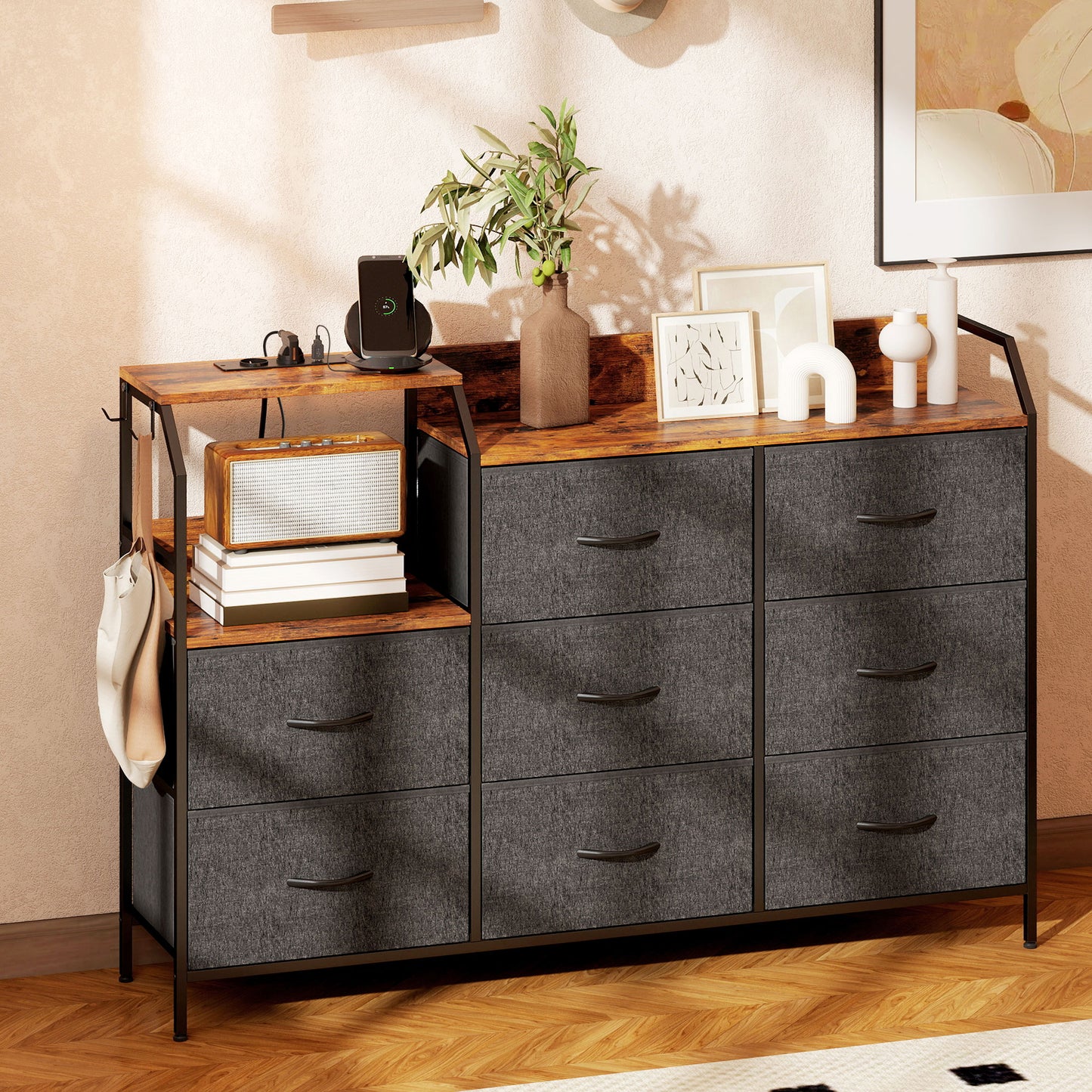 HOMCOM Chest Of Eight Drawers With Charging Station Brown And Black Fabric Dresser