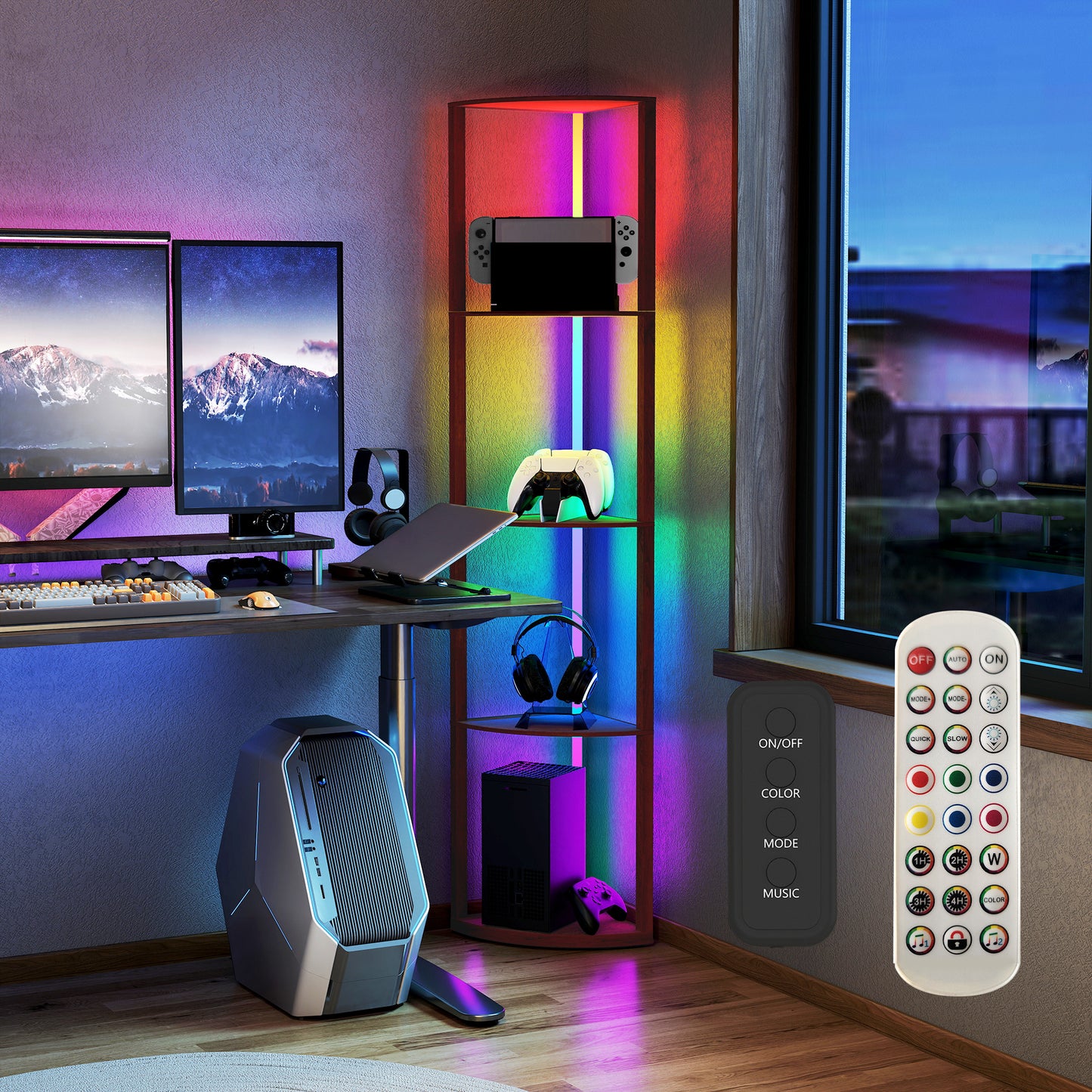 HOMCOM RGB Standing Lamp With Shelves Five Tier LED Floor Lamp With Multiple Lighting Modes Brown