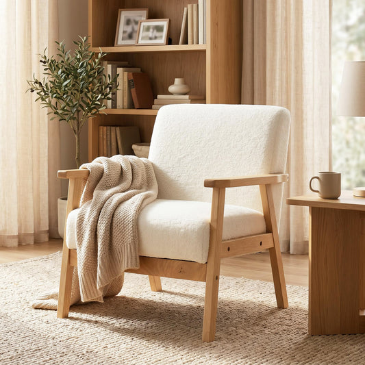 HOMCOM Modern Armchair Sherpa Fleece Upholstered Accent Chair With Solid Wood Legs And Wide Seat Cream White