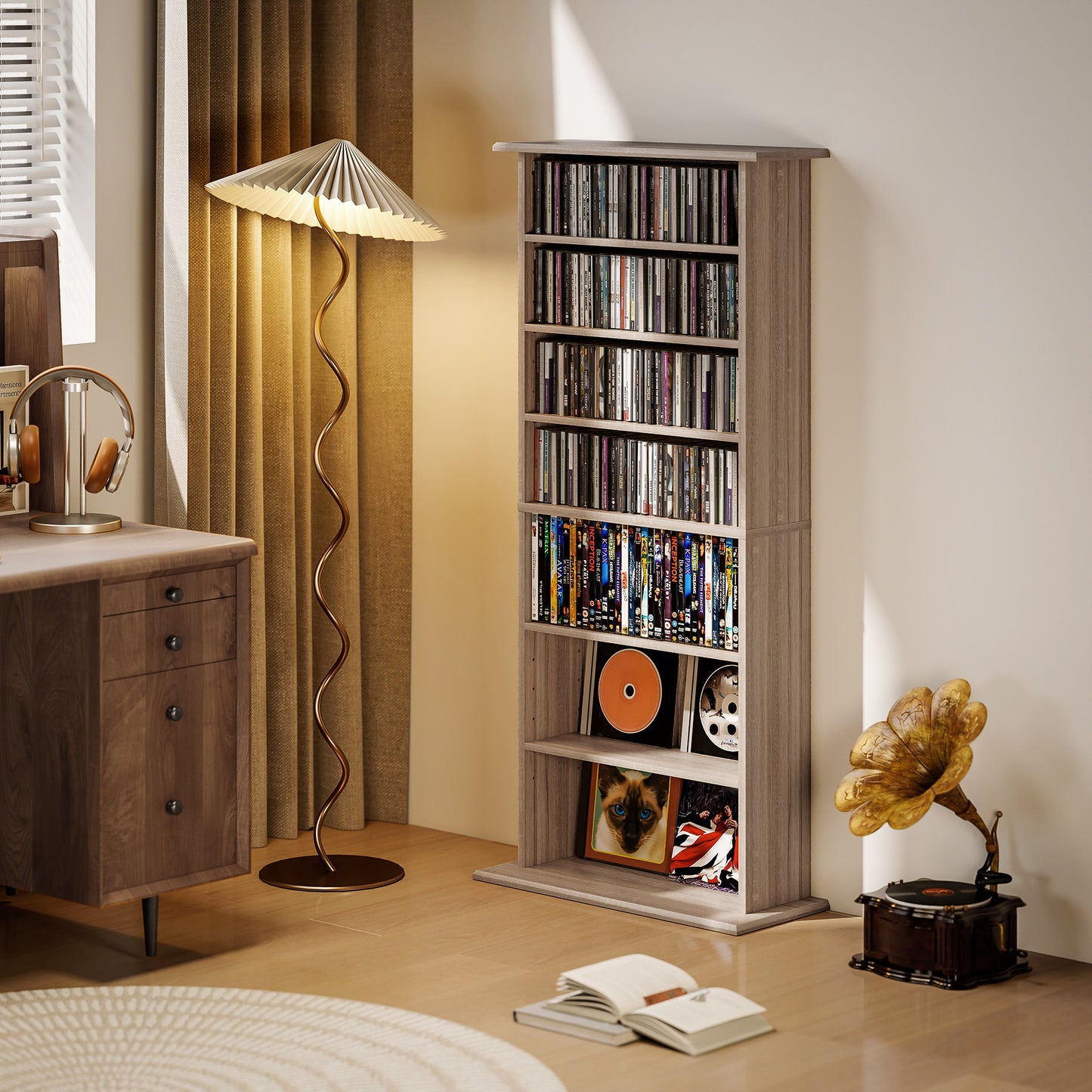 HOMCOM 360 CD DVD Storage Unit Natural Wood Finish With 8 Shelves Adjustable Shelf Space And Anti Tip Straps