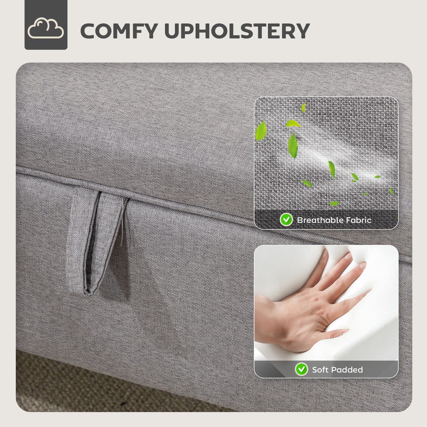 HOMCOM 30L Linen Storage Ottoman Padded Footstool With Rubberwood Legs Storage Box Bed End Shoe Bench Seating Light Grey