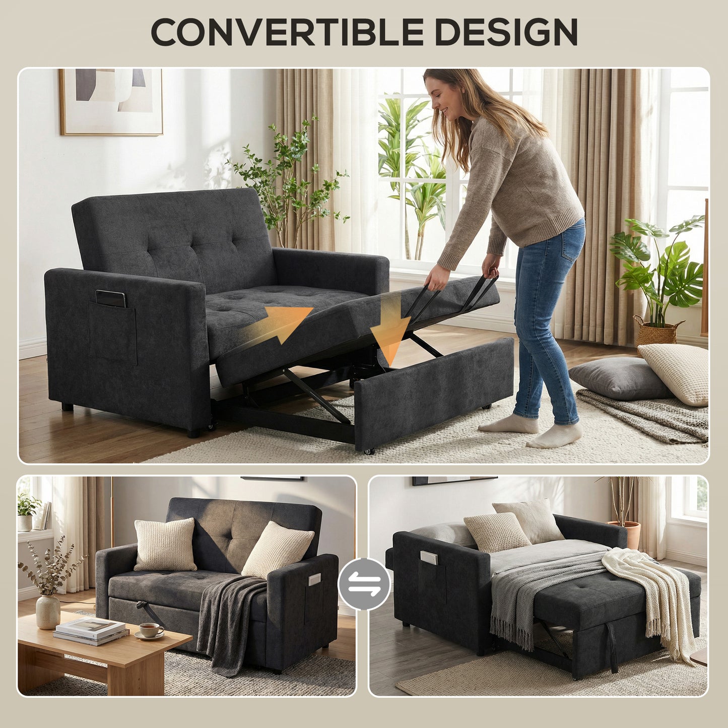 HOMCOM Loveseat Sofa Bed Convertible Settee With 2 Pillows And Side Pockets Black