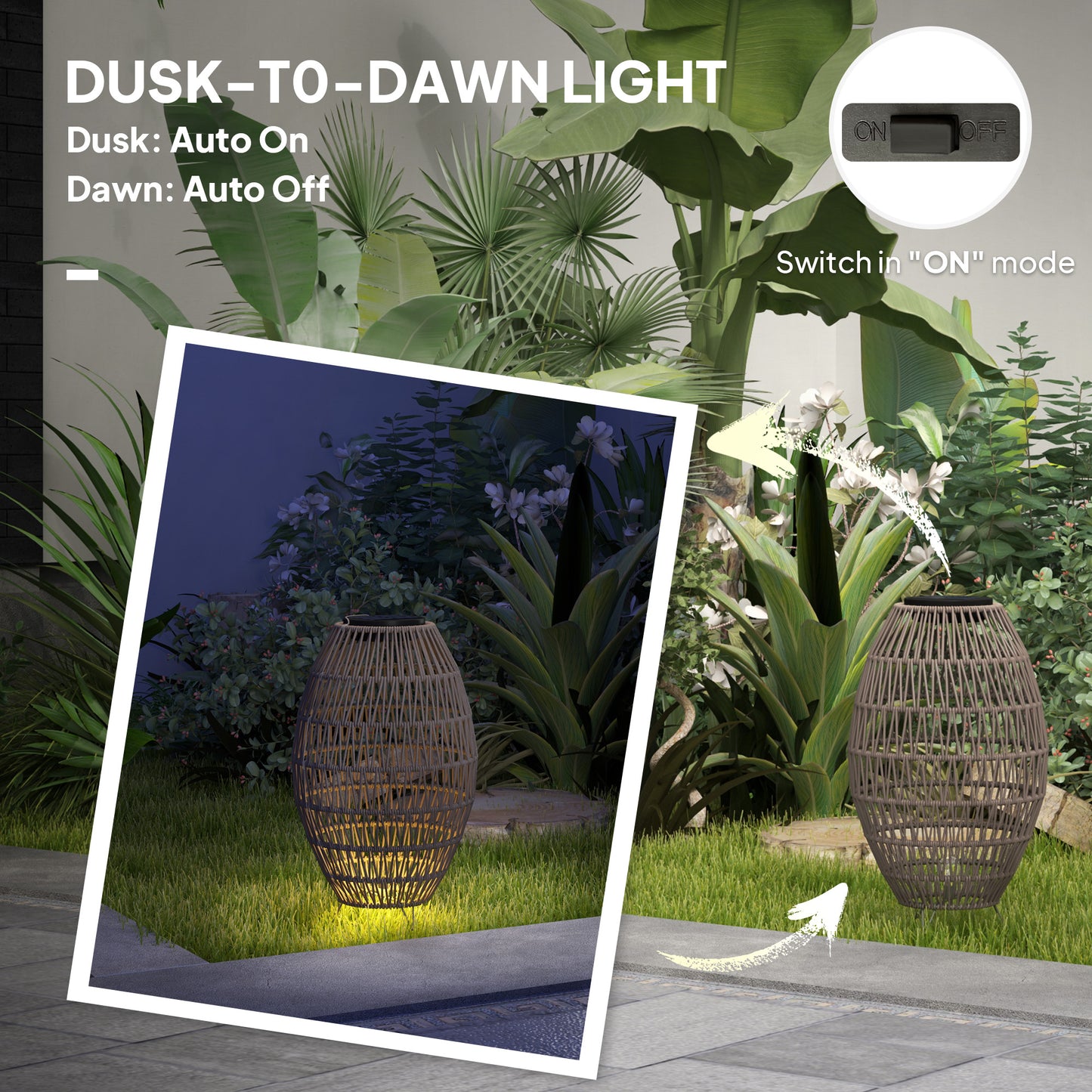 Outsunny Rattan Solar Lamp Outdoor Lantern IP44 Waterproof Auto On Off Light for Porch and Pathway Dark Brown