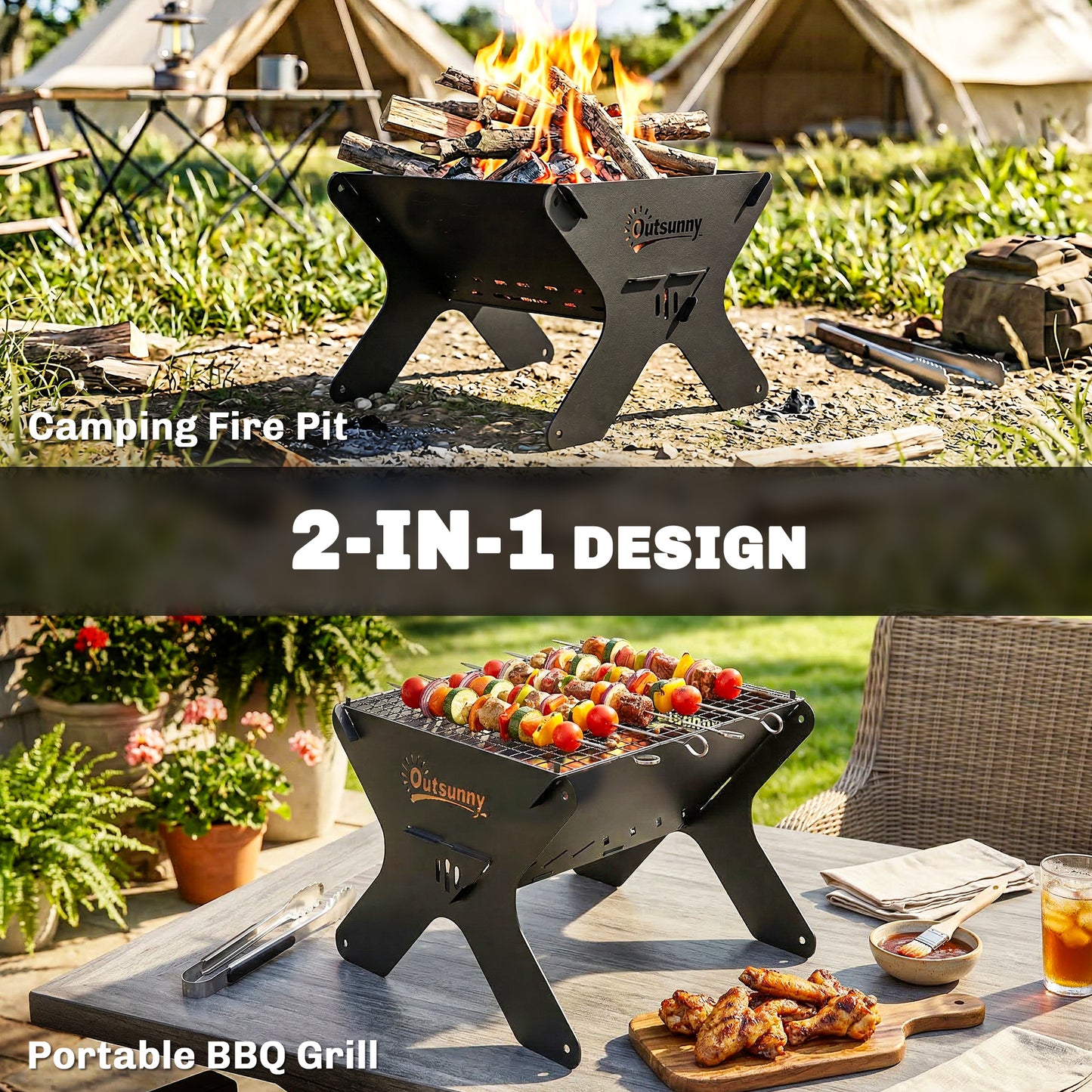 Outsunny 2 In 1 Portable Barbecue Grill And Camping Fire Pit Tabletop Charcoal Grill With Gripper Gloves And Carry Bag