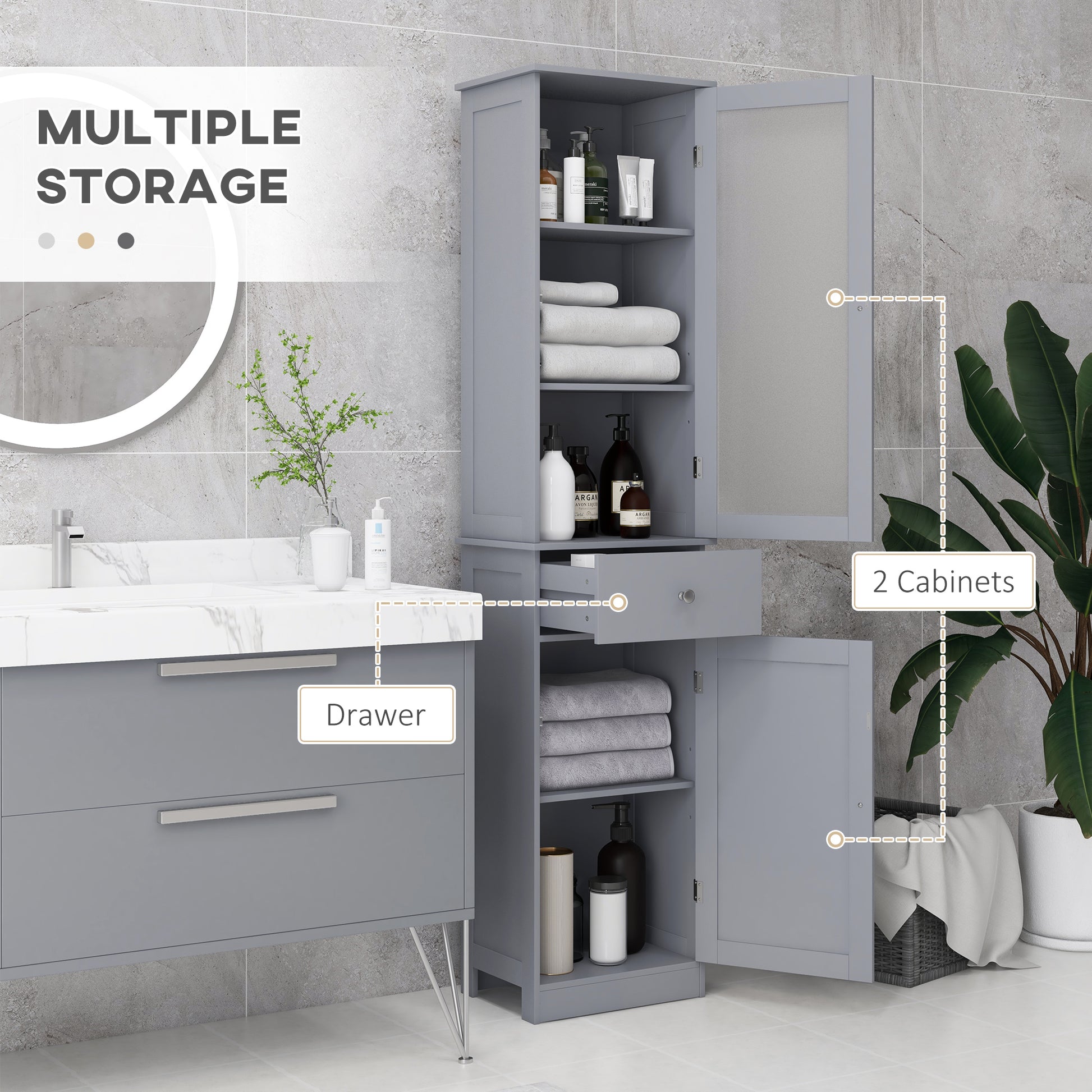 Slim Grey Bathroom Storage Cabinet with 3-Tier Shelves and Drawer - Tall Free Standing Organizer - ALL4U RETAILER LTD