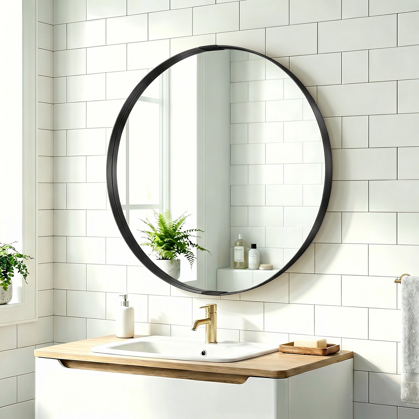 HOMCOM Round Wall Mirror 61 Cm Black Aluminium Alloy Frame Wall Mounted Bathroom Mirror With Tempered Safety Glass