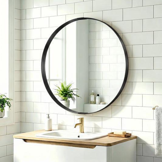 HOMCOM Round Wall Mirror 61 Cm Black Aluminium Alloy Frame Wall Mounted Bathroom Mirror With Tempered Safety Glass