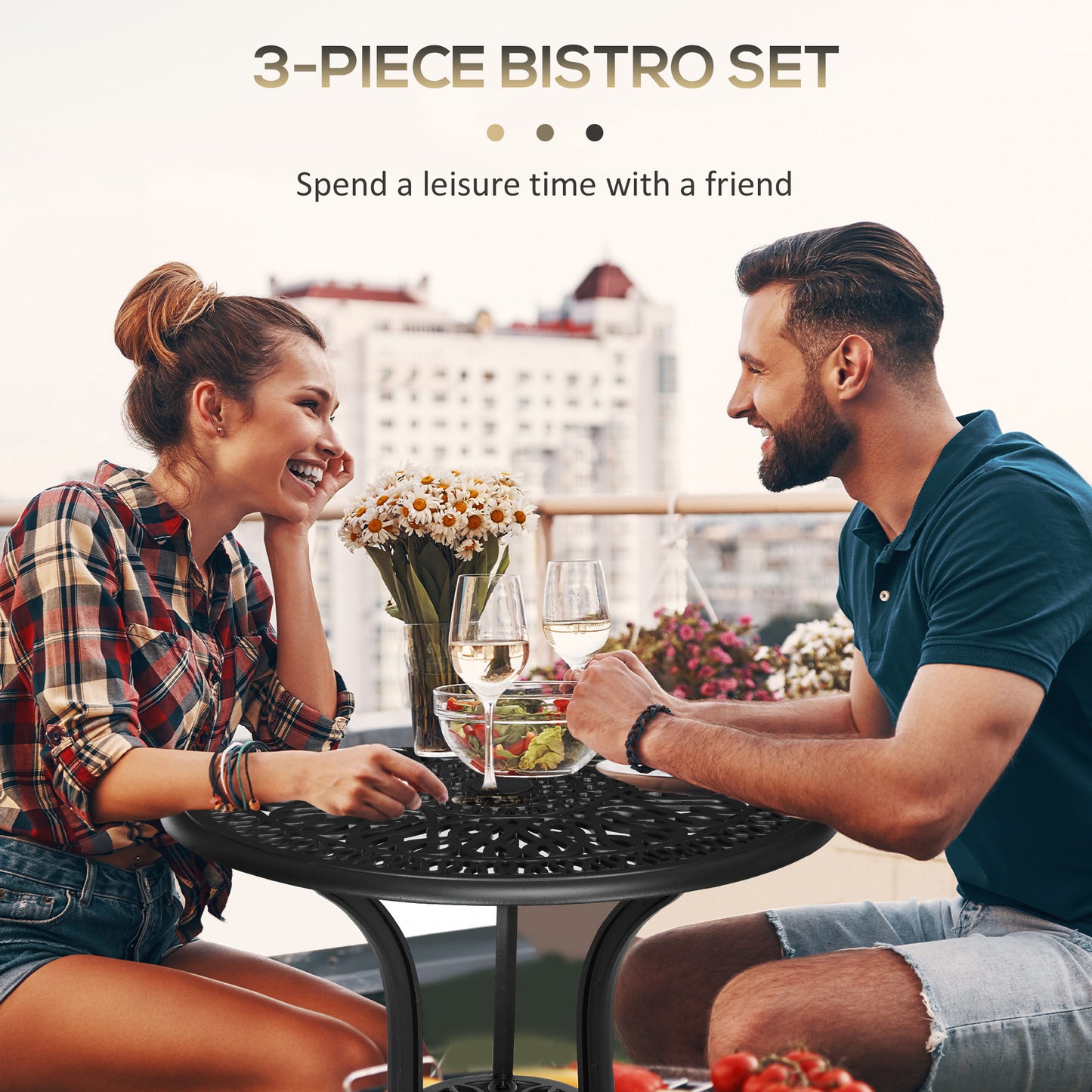Outsunny 3 Piece Garden Bistro Set Cast Aluminium Outdoor Furniture With Umbrella Hole For Balcony Porch Patio Black