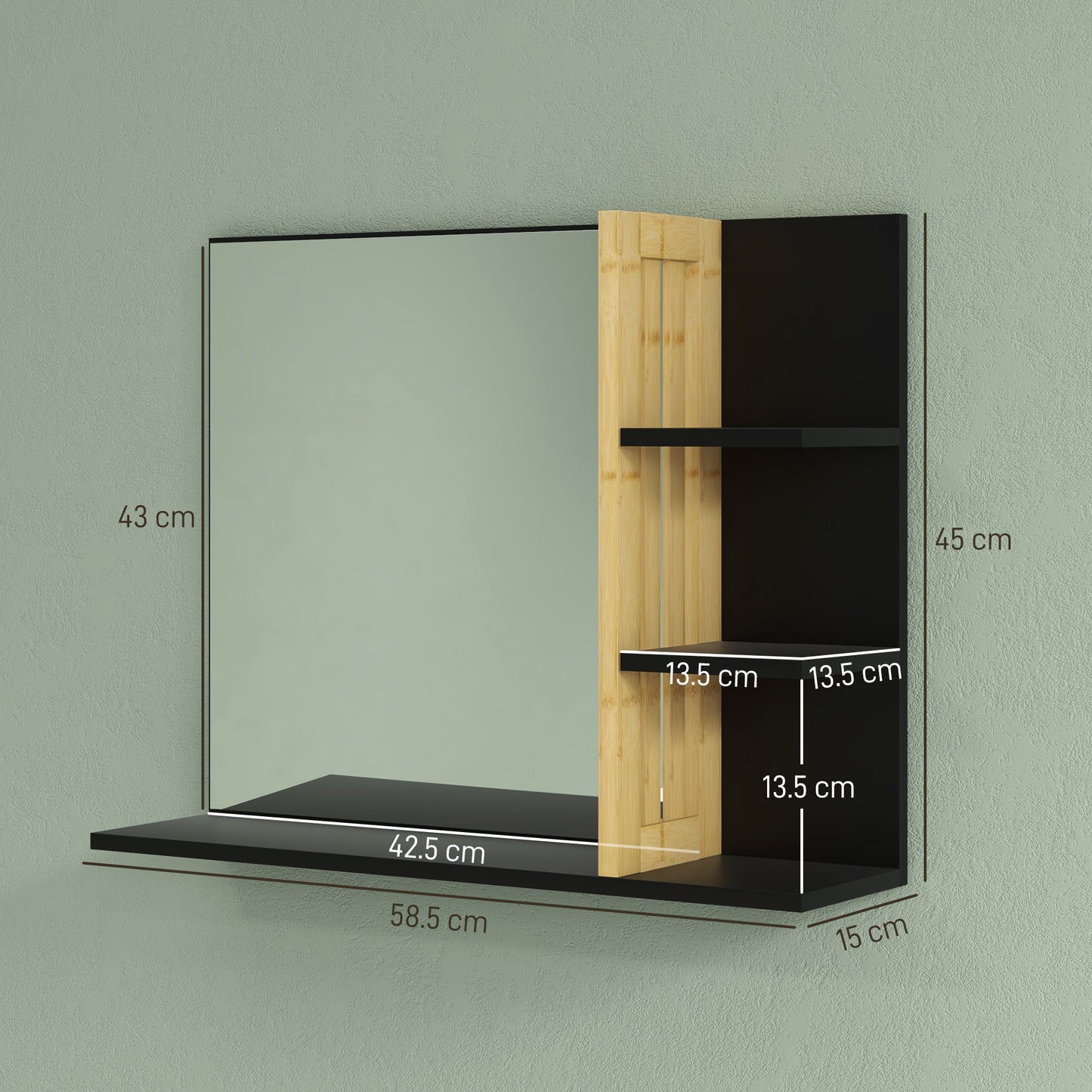 HOMCOM Bamboo Panel Bathroom Mirror With Four Shelves And Large Reflective Surface For Makeup And Toiletries Storage