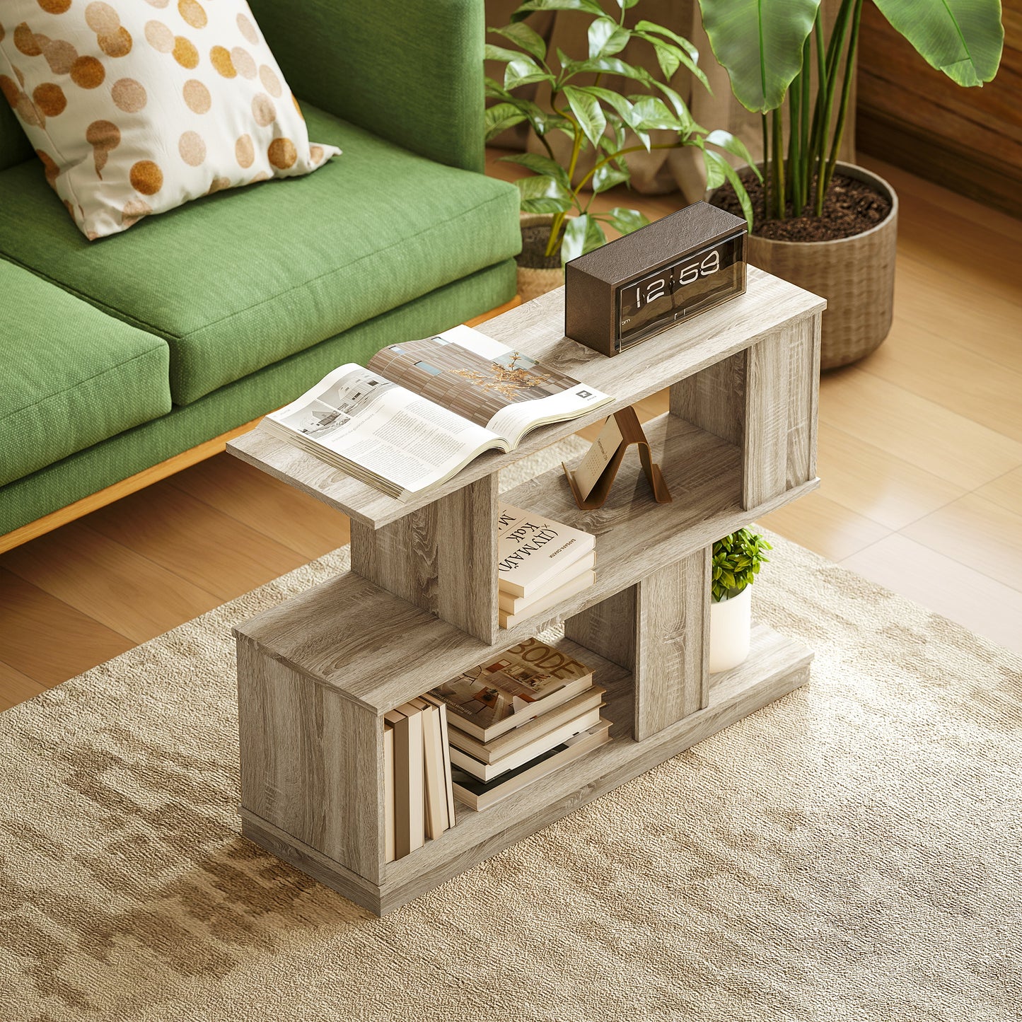HOMCOM S Shaped Side Table Natural Wood Finish With Storage Compartments For Small Spaces