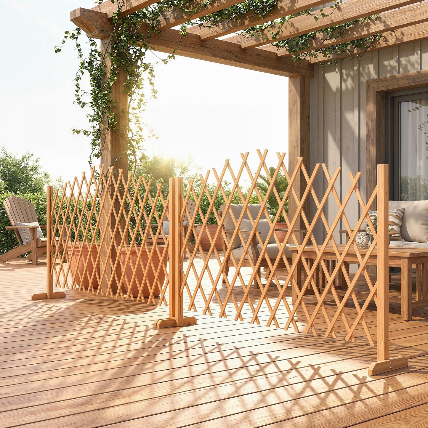 Outsunny 2 Pack Expanding Fence Panels Freestanding Wooden Garden Fence With Stable Feet 180 x 30 x 103 cm Brown