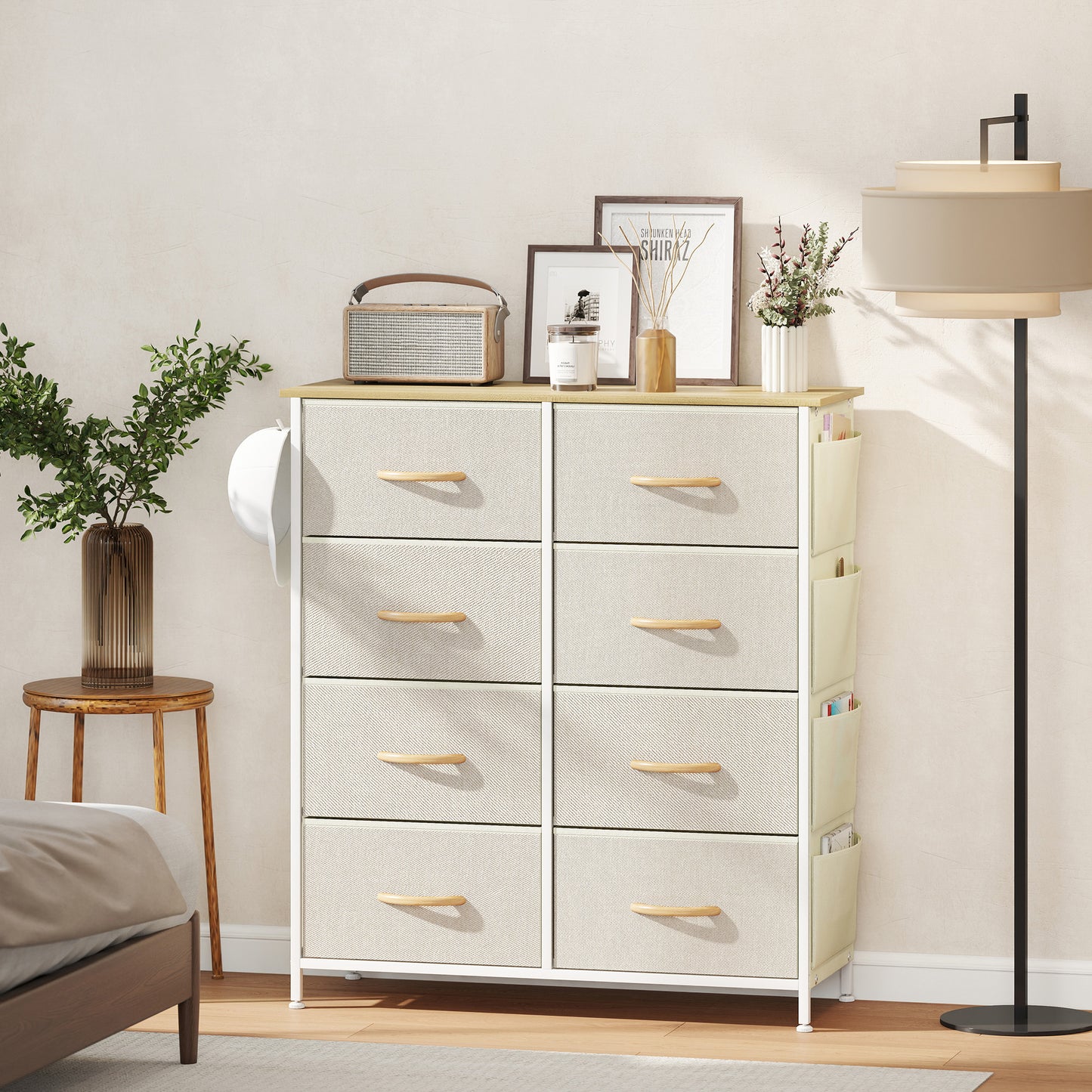 HOMCOM Chest Of Eight Fabric Drawers Beige With Steel X Frame And Four Side Pockets And Two Hooks