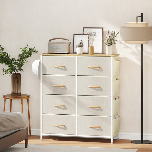 HOMCOM Chest Of Eight Fabric Drawers Beige With Steel X Frame And Four Side Pockets And Two Hooks