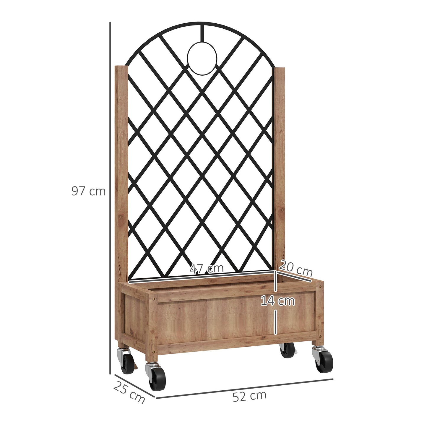 Outsunny Wooden Planter With Metal Trellis On Wheels Two In One 20x47cm Diamond Shaped Trellis Brown Black