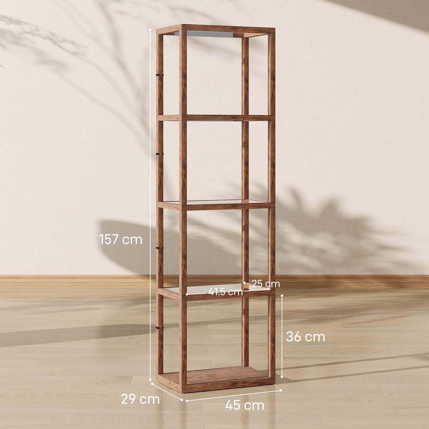 Homcom Four-Shelf Floor Lamp With Rustic Brown Finish Tempered Glass Shelves Warm White LEDs Three Brightness Levels