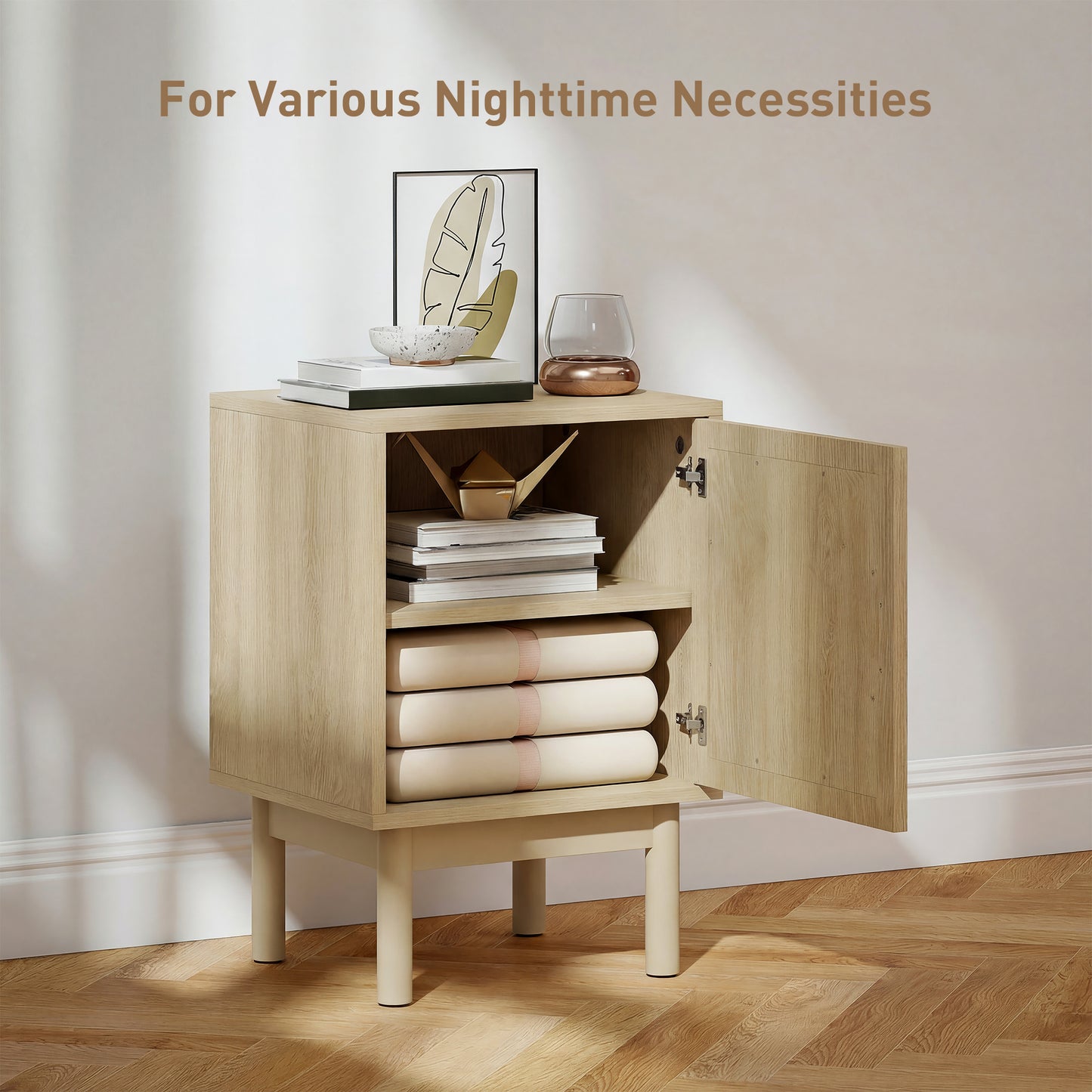 HOMCOM Rattan Bedside Table For Bedroom Natural Wood Arch Rattan Door Two Tier Design With Adjustable Shelving