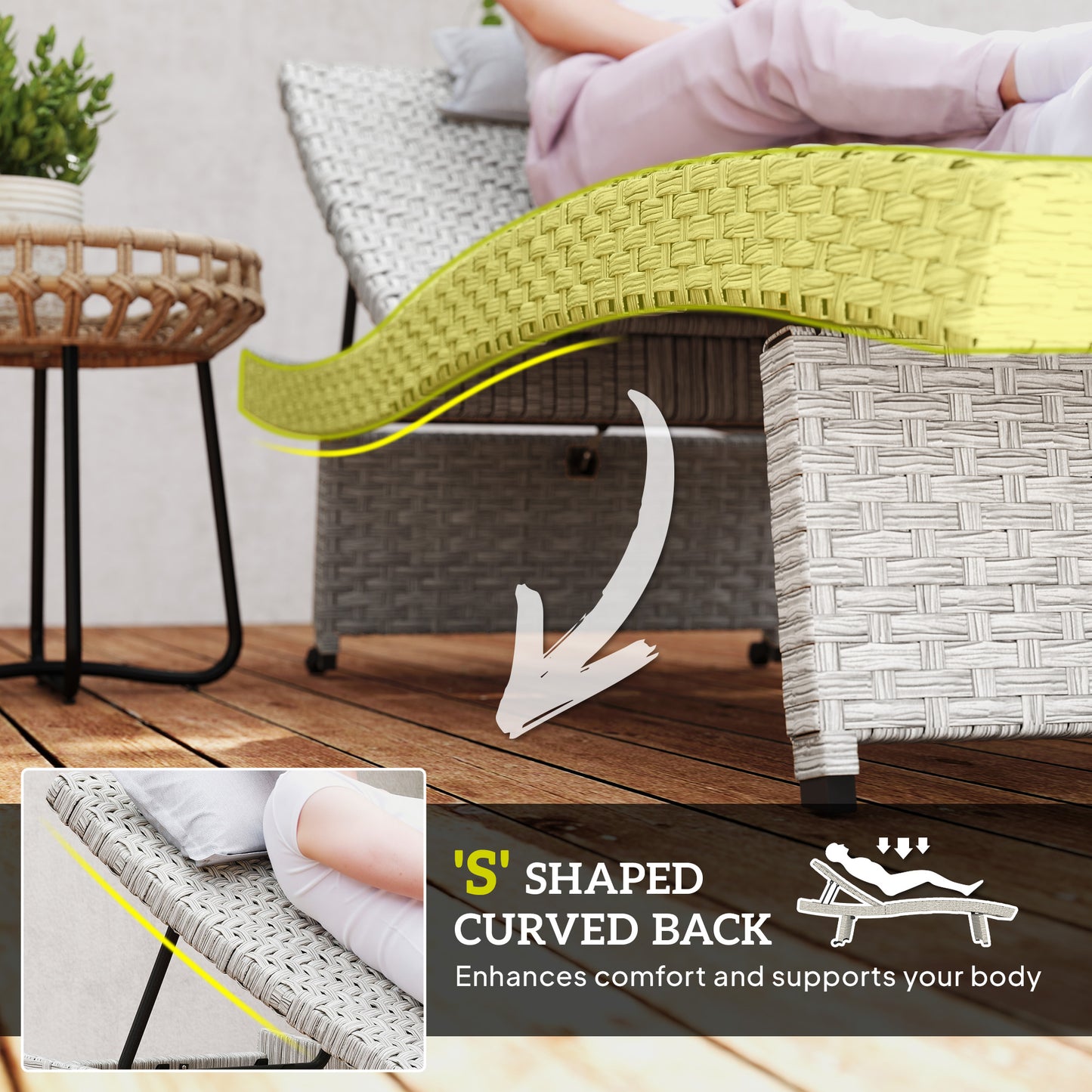 Outsunny Outdoor PE Rattan Sun Lounger Folding Wicker Recliner Four Level Adjustable Backrest With Wheels Grey