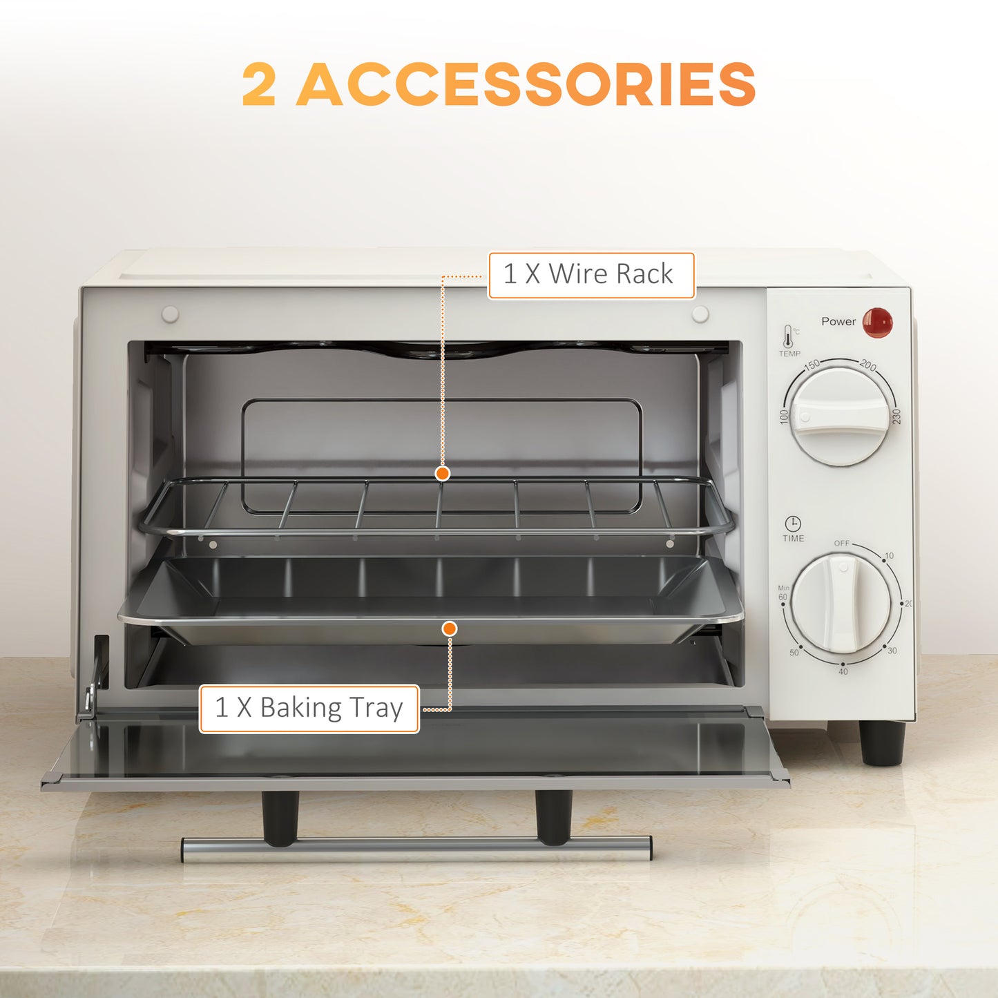 Homcom 9L Countertop Mini Oven Toaster Oven With Adjustable Temperature Timer And 750W Cream