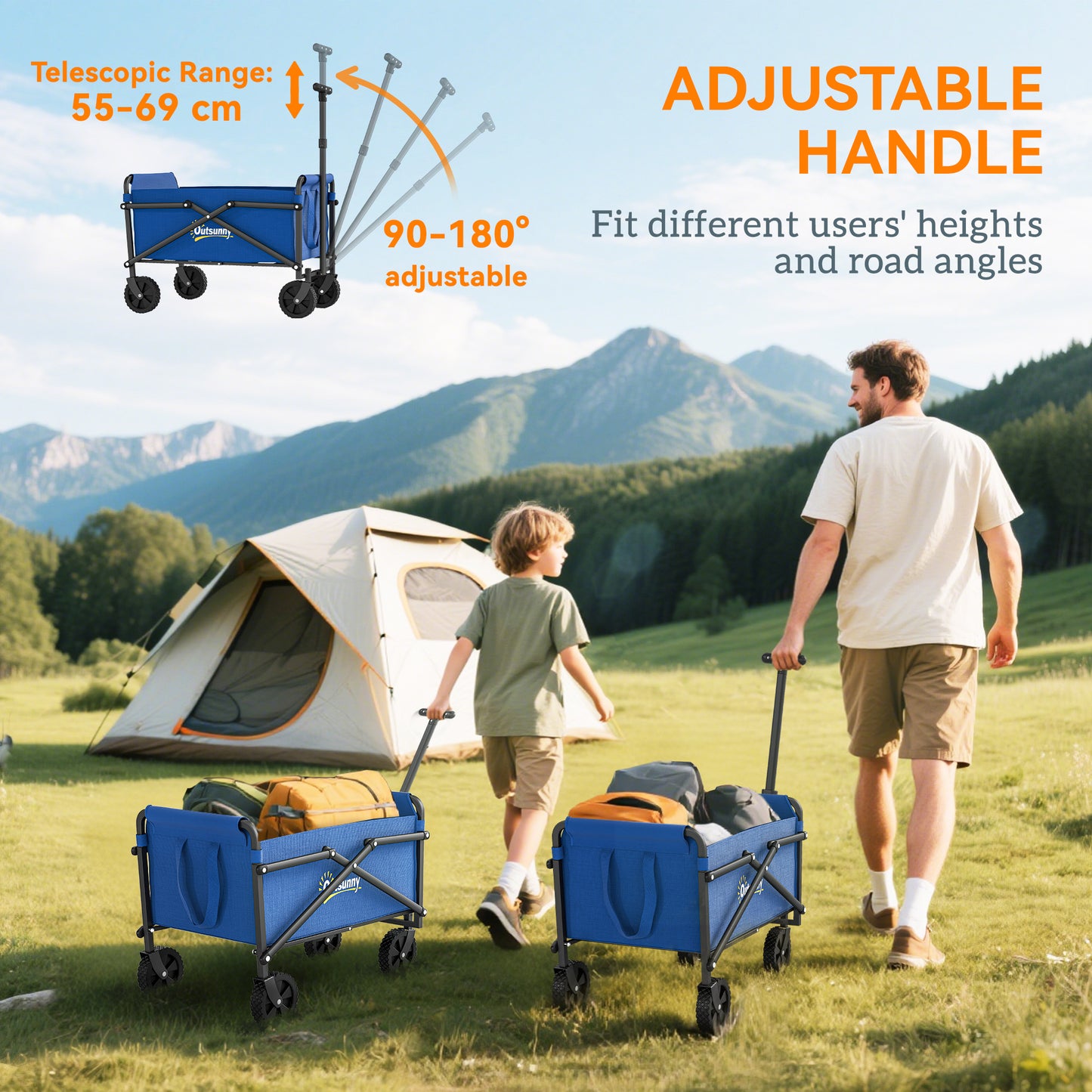Outsunny 41L Festival Trolley On Wheels 60Kg Heavy Duty Collapsible Wagon With Adjustable Handle And Carry Bag Blue