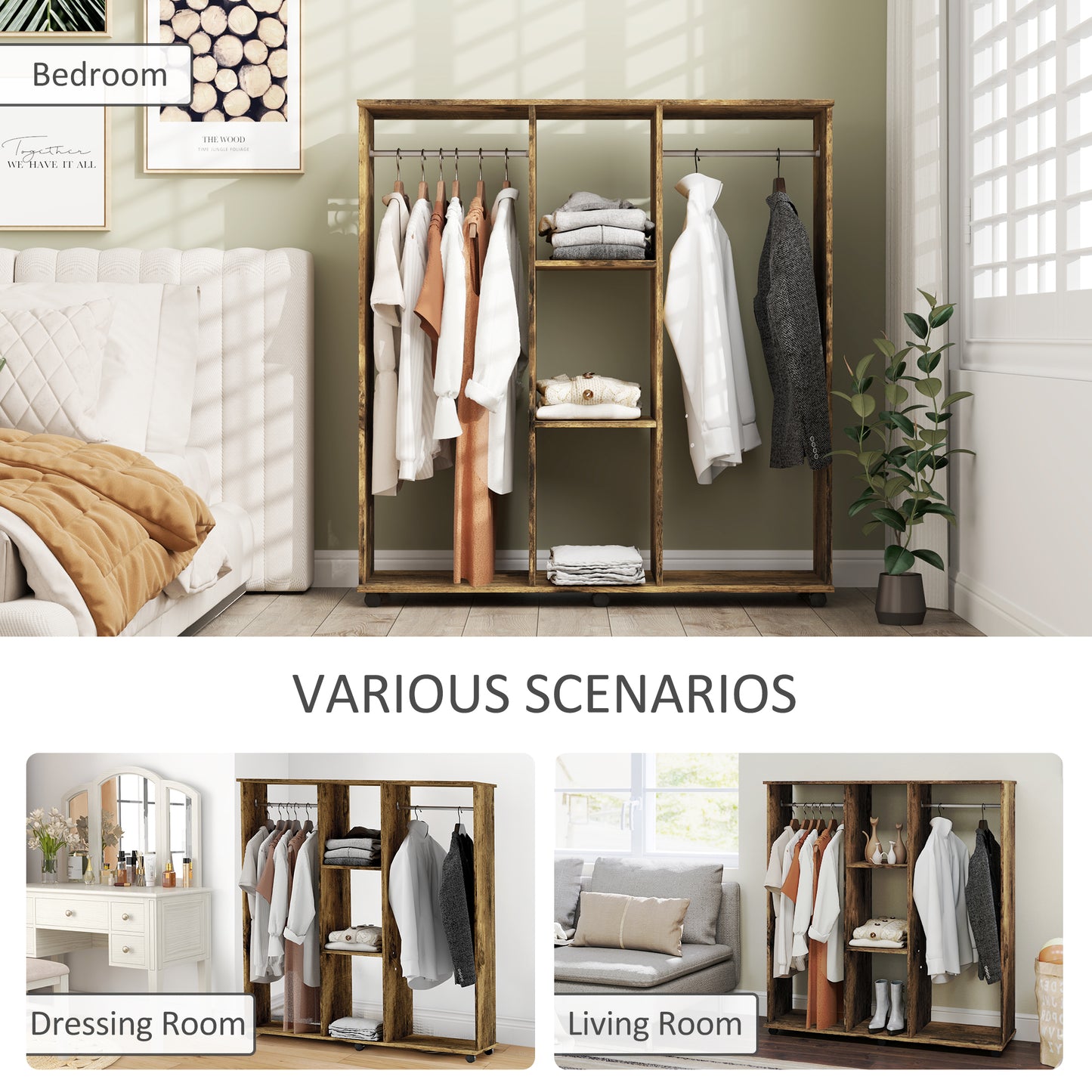 HOMCOM Open Wardrobe Double Mobile Storage Shelves Organizer With 6 Wheels Rustic Brown