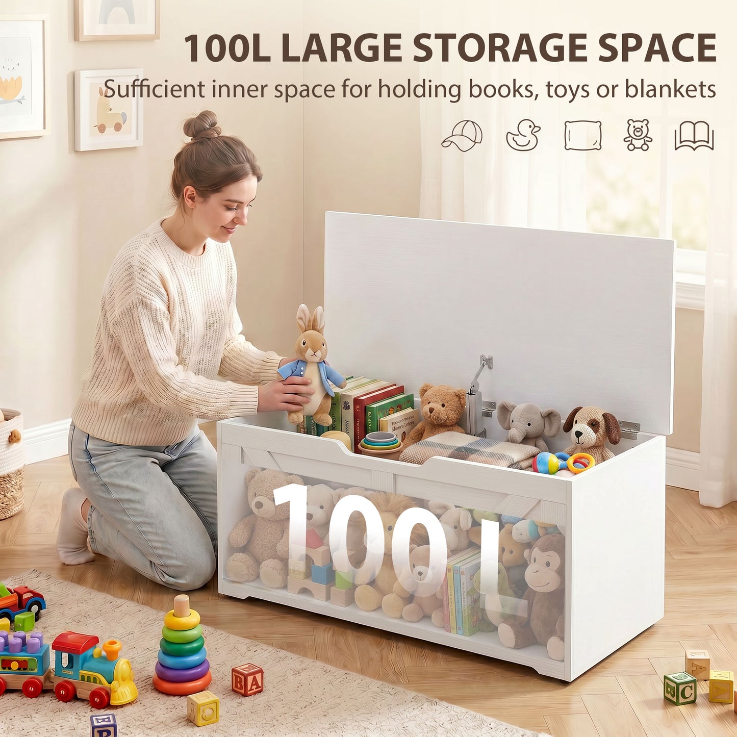 HOMCOM 100L Storage Box With Safety Hinge White Wood Effect Ottoman Trunk for Seating and Storage