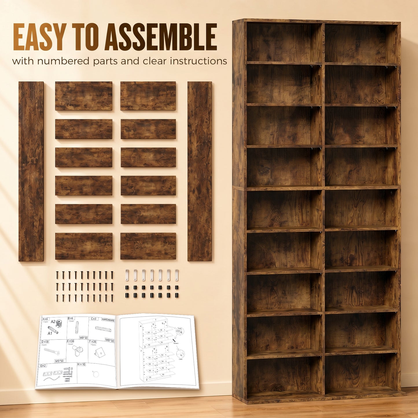 HOMCOM 640 CD Storage Tower Rustic Brown with 14 Adjustable Shelves and Anti Tipping