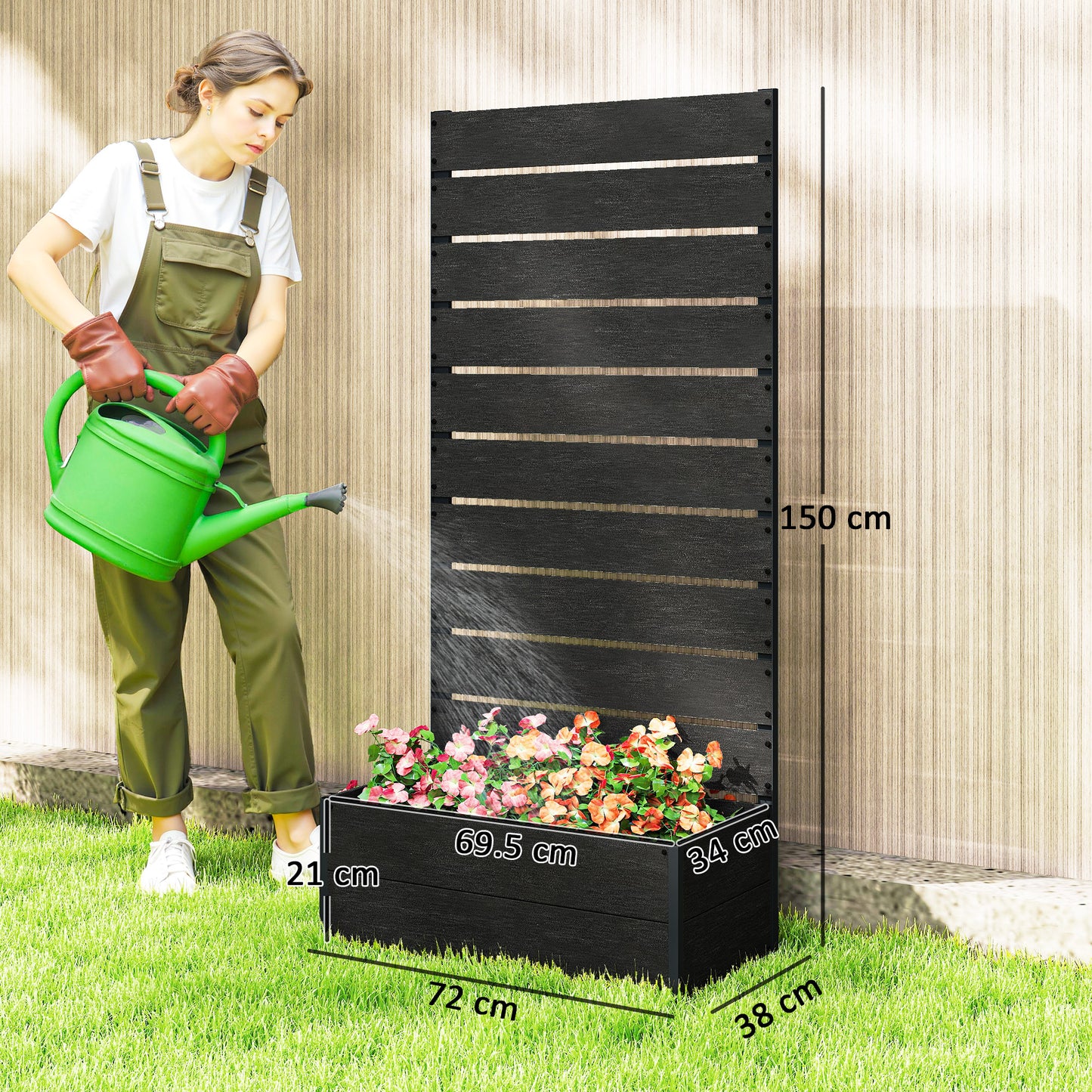 Outsunny Garden Planter Box With Back Trellis Privacy Screen In Black Aluminium Frame