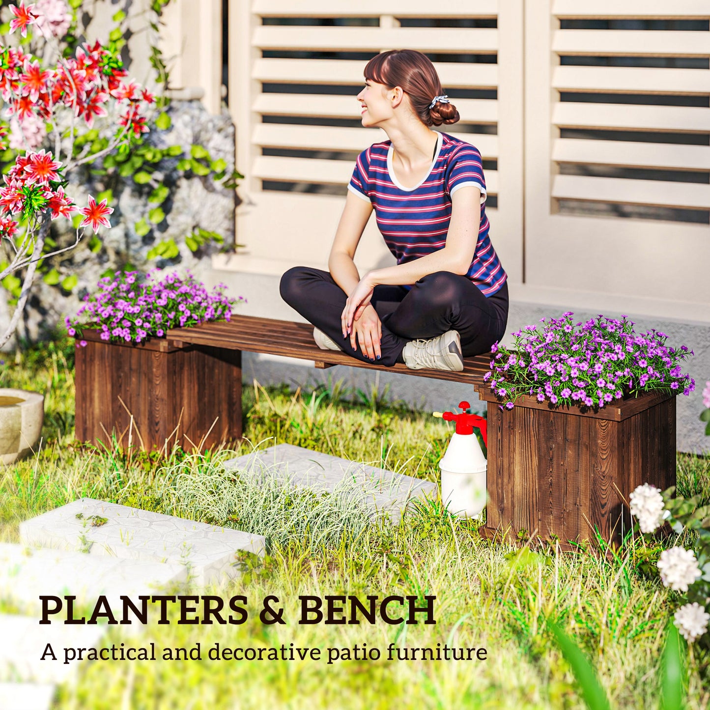 Outsunny Wooden Garden Planter And Bench Combination With Raised Bed For Patio Carbonised Finish 176 By 38 By 40 Cm