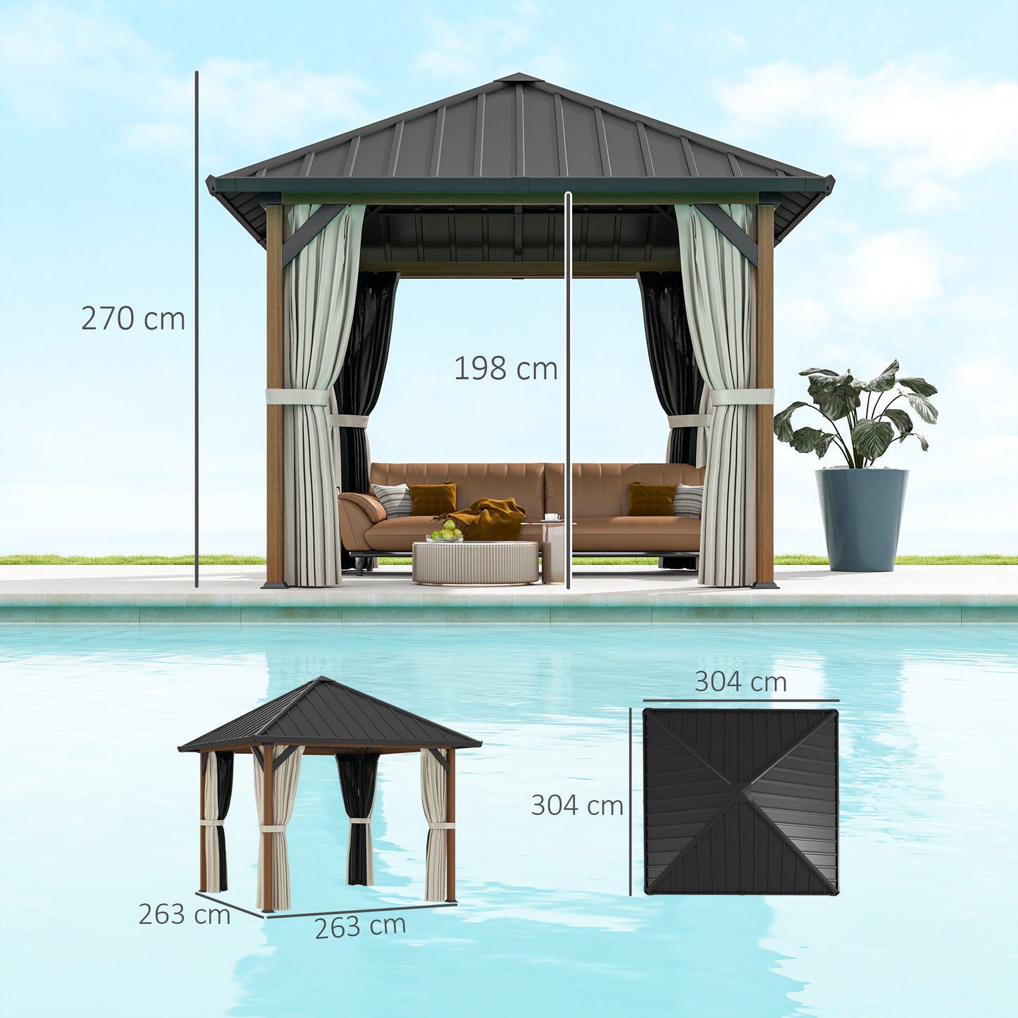 Outsunny 3x3m Hardtop Gazebo With Galvanised Roof Water Gutter Netting And Curtains For Patio Deck Walnut Wood Finish