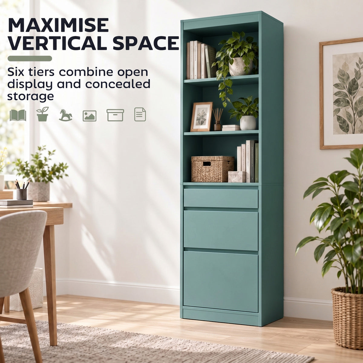 Light green narrow bookcase with multiple open shelf levels and three drawers